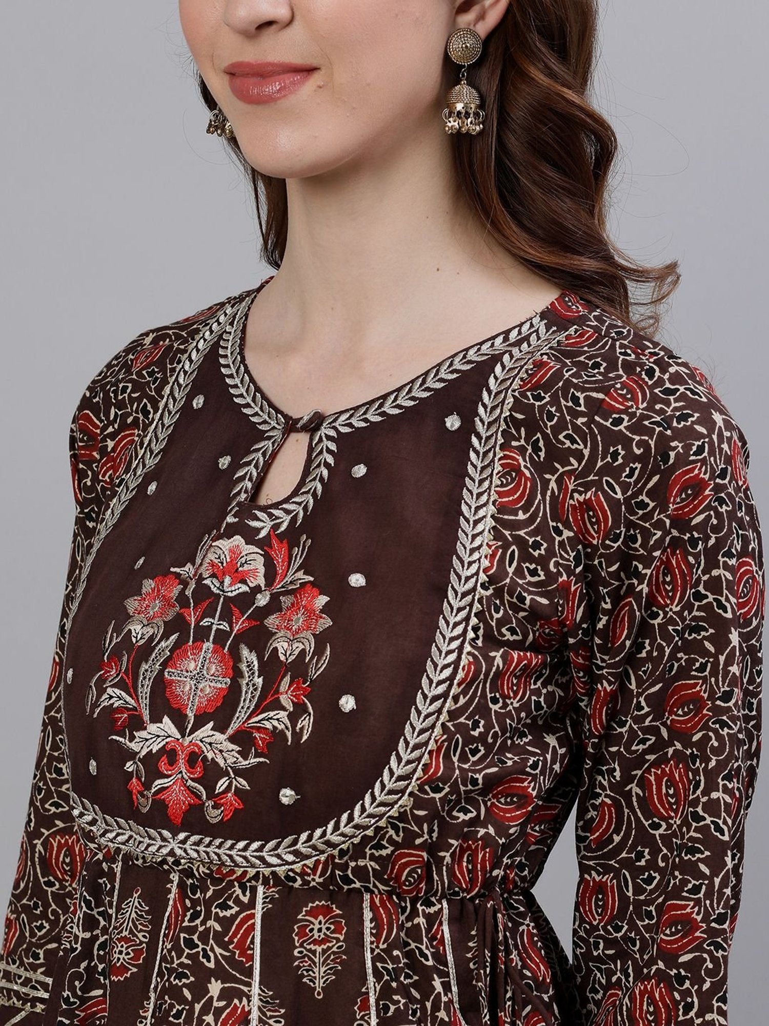 Ishin Brown Cotton Embroidered Kurta Sharara Set With Dupatta