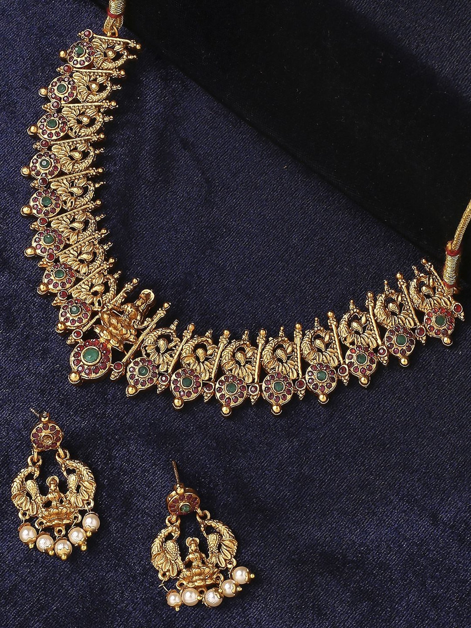 OOMPH Antique Gold Tone Red & Green Stone & Beads Choker Necklace Set for Women