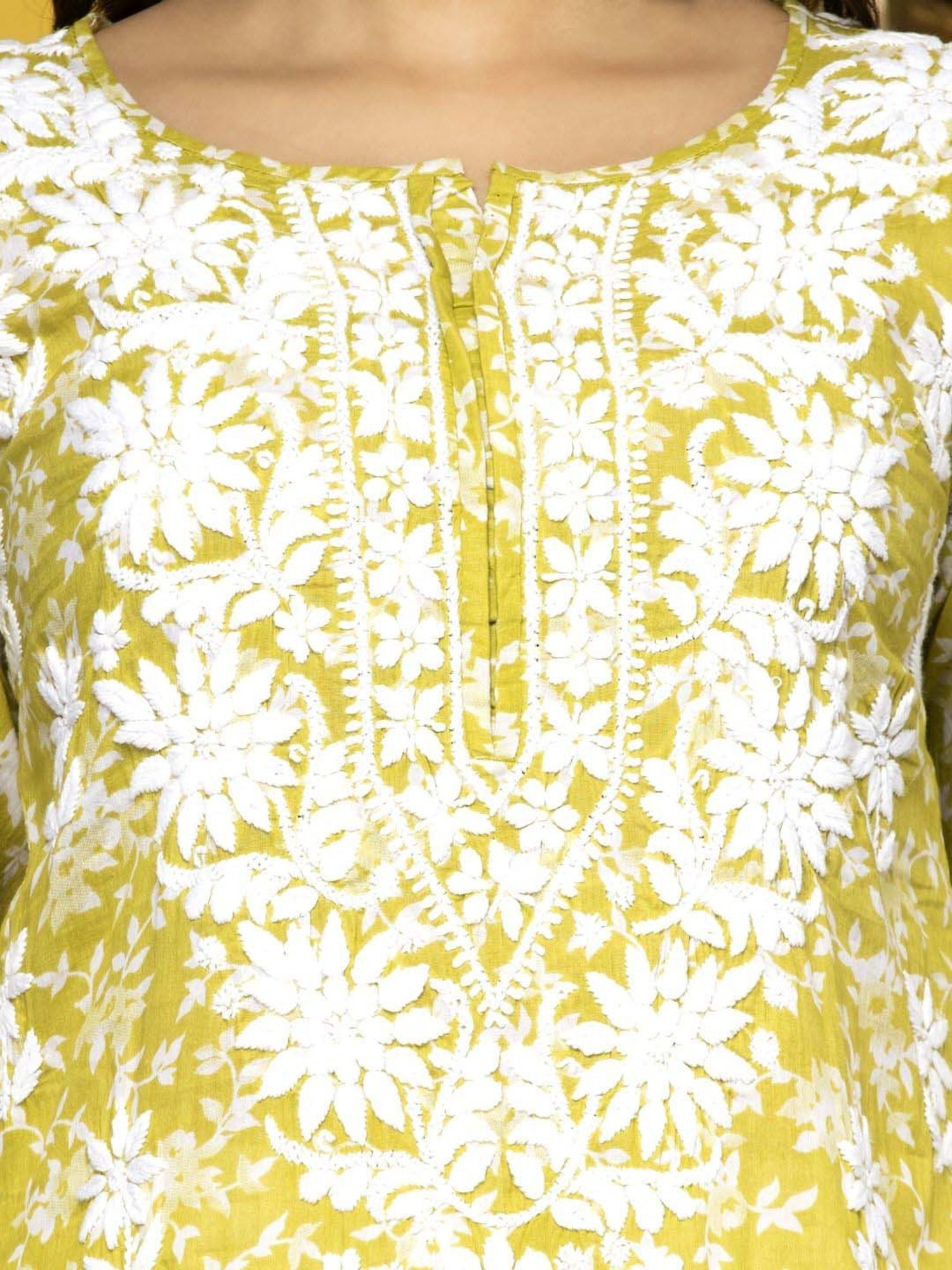 PARAMOUNT CHIKAN Lime Yellow Cotton Chikankari Straight Kurta