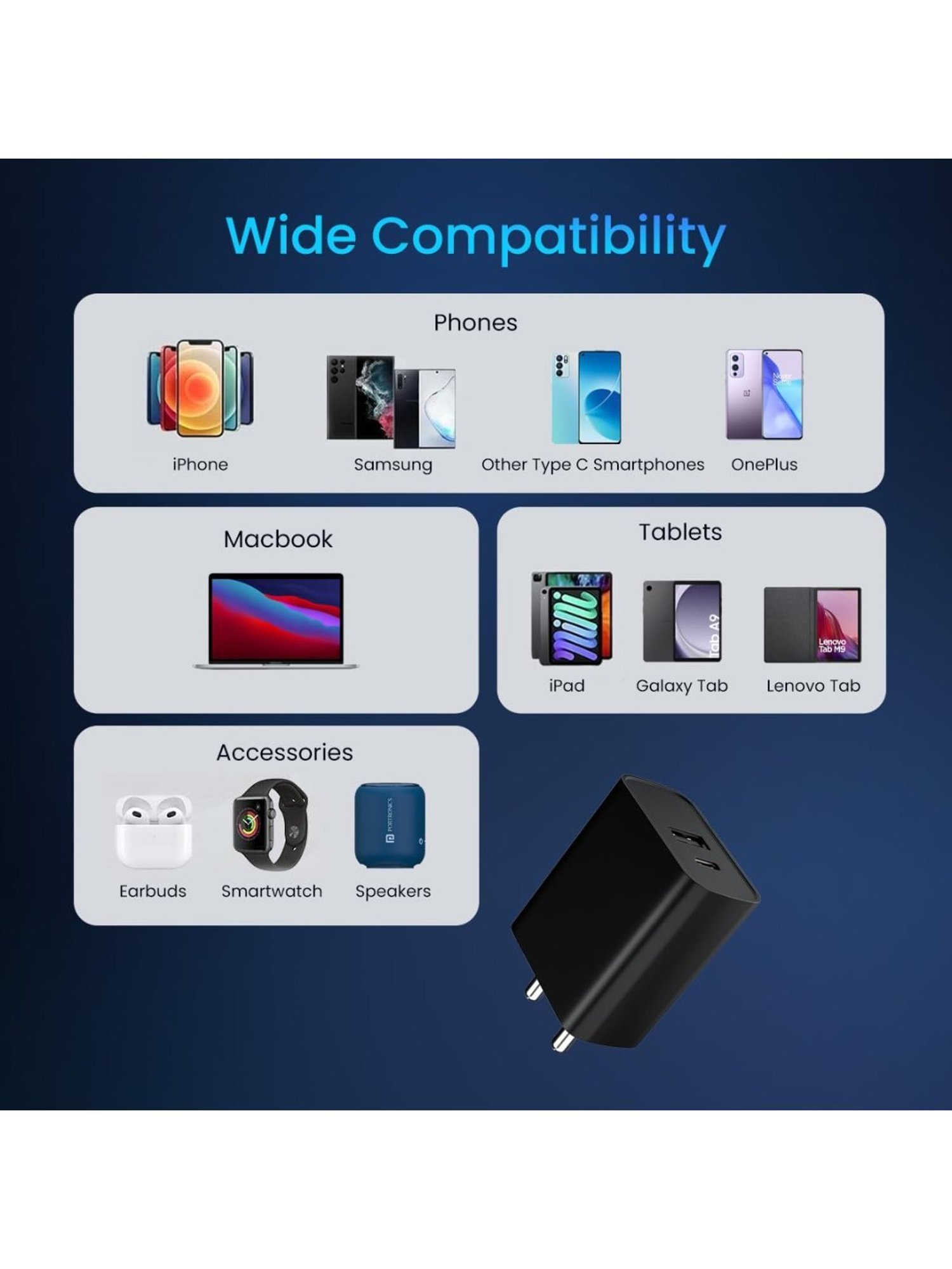 Portronics Adapto 70 33W Fast Charger Adapter with Dual Output USB plus Type C Supports PPS (Black)