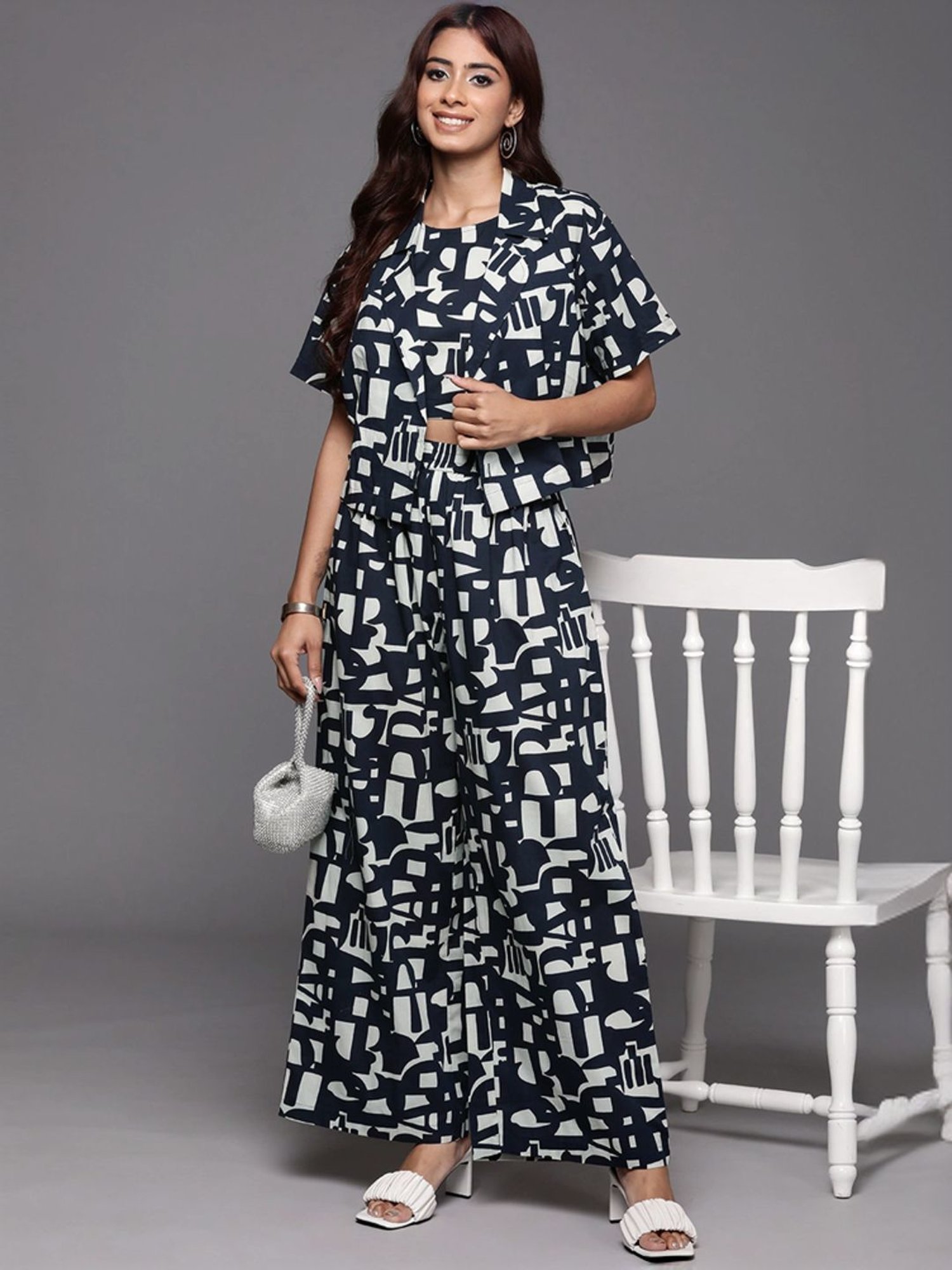 Varanga Navy Cotton Printed Crop Top Palazzo Set With Jacket