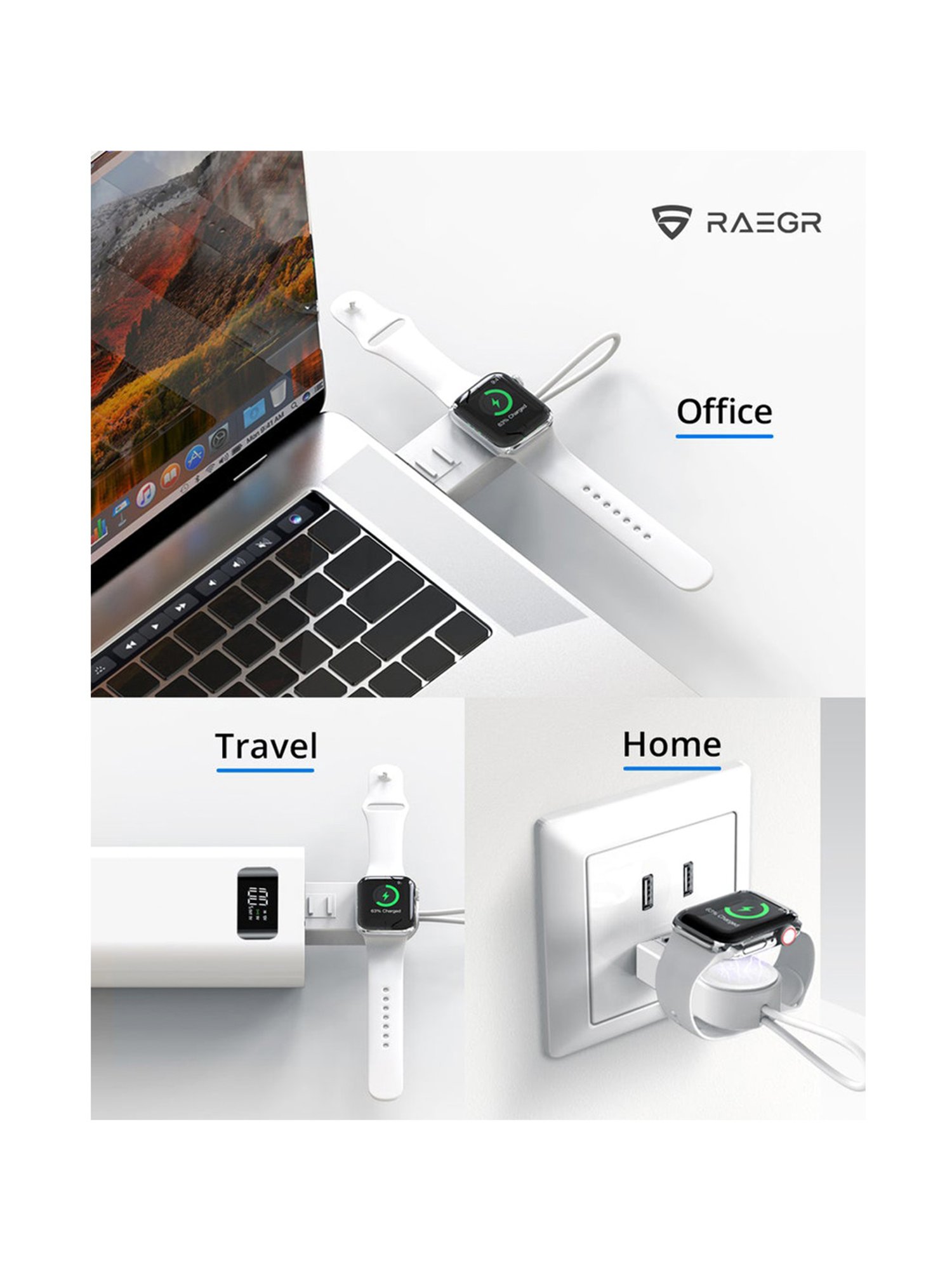 RAEGR Arc 450 Portable Apple Watch Wireless Charger with Apple Cable for AirPods & iPhones- (White)