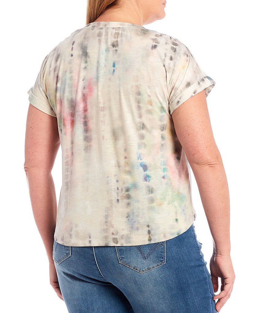 Democracy Plus Size Tie Dye Knit V-Neck Cuffed Short Sleeve Extended Ruched Shoulder Surplus Top