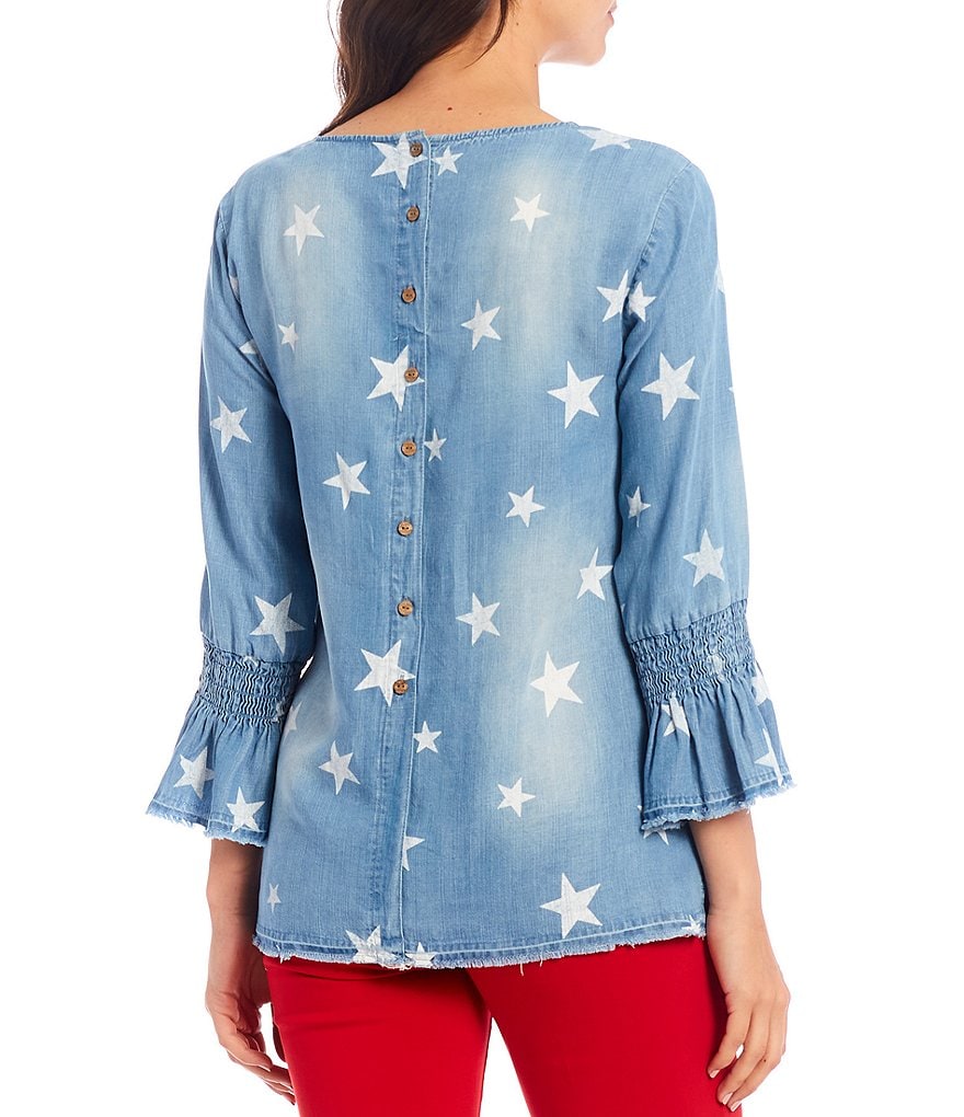 Multiples Petite Size Star Print Tencel Scoop Neck 3/4 Bell Sleeve Fringe Hem Top