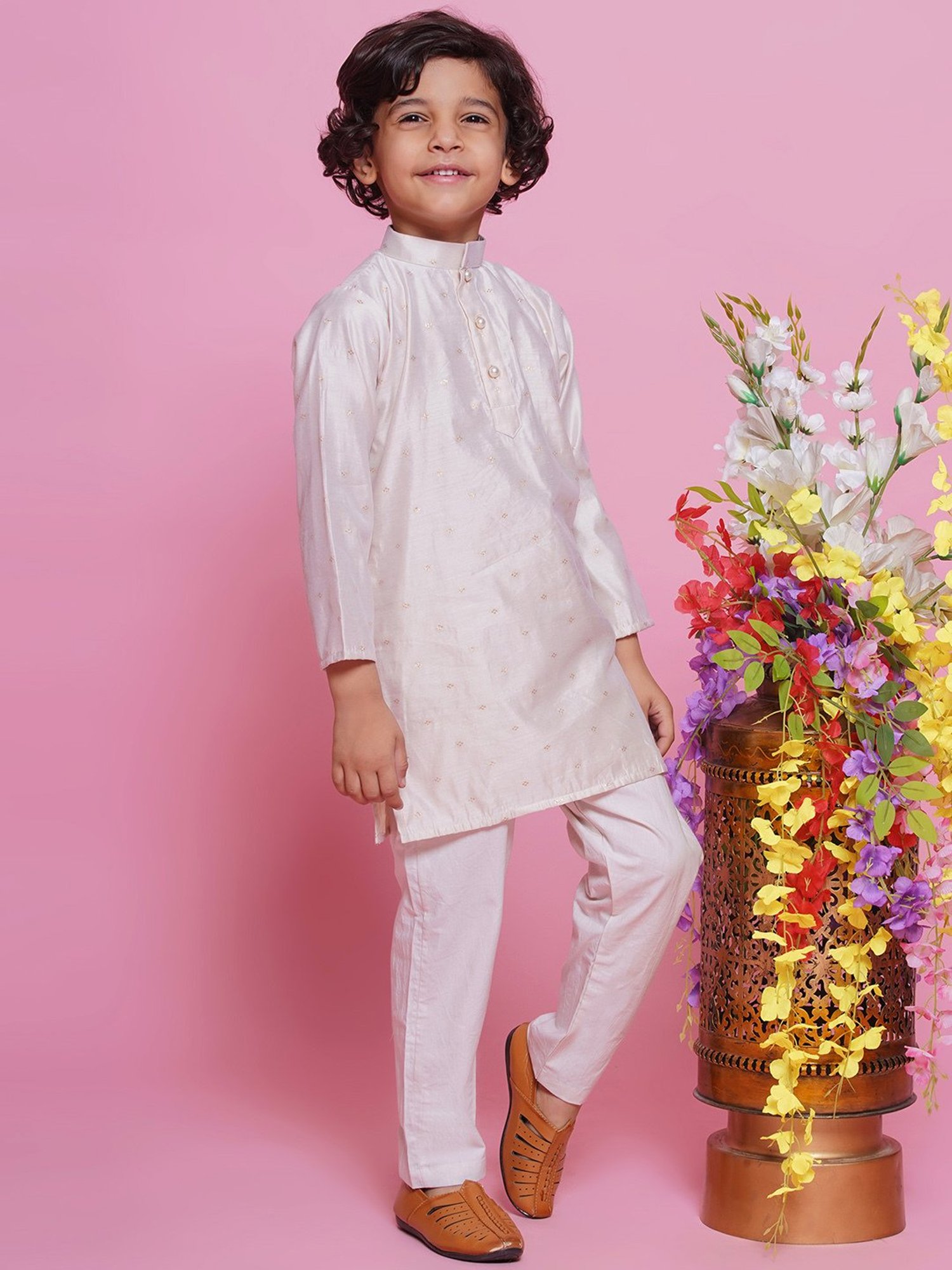 VASTRAMAY Boys Yellow & White Cotton Printed Full Sleeves Kurta Sets