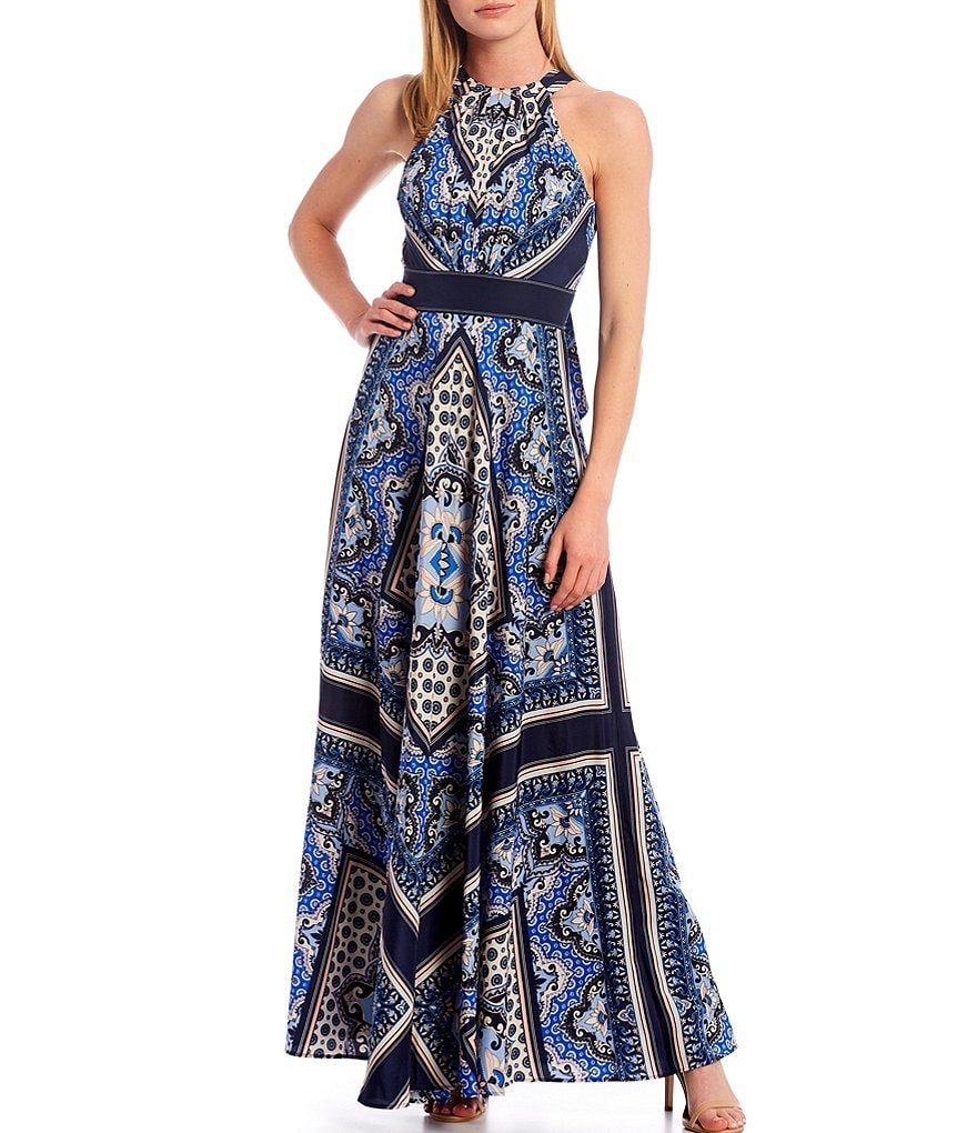 Eliza J Halter Scarf Print Jersey Maxi Dress