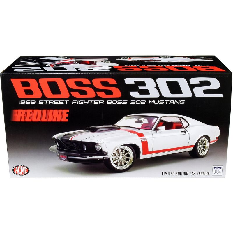 1969 Ford Mustang Boss 302 Street Fighter Redline Silver w/Red Interior & Red Stripe Ltd Ed 912 pcs 1/18 Diecast Model Car ACME