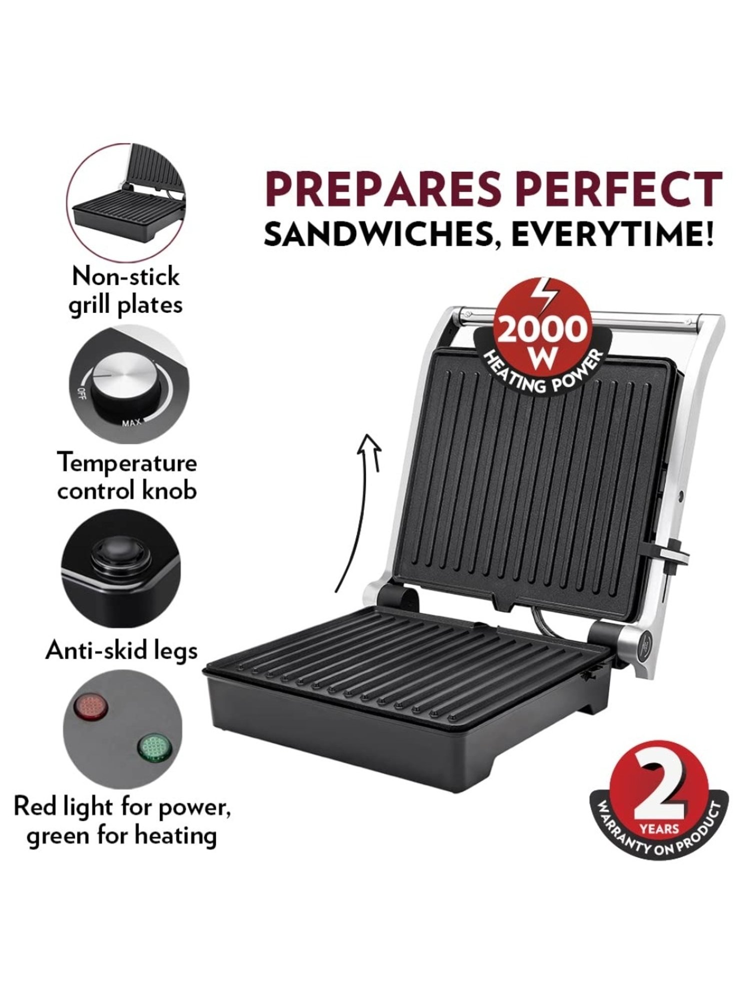 Borosil Sandwich Maker 2000W with Non stick coating (Black)