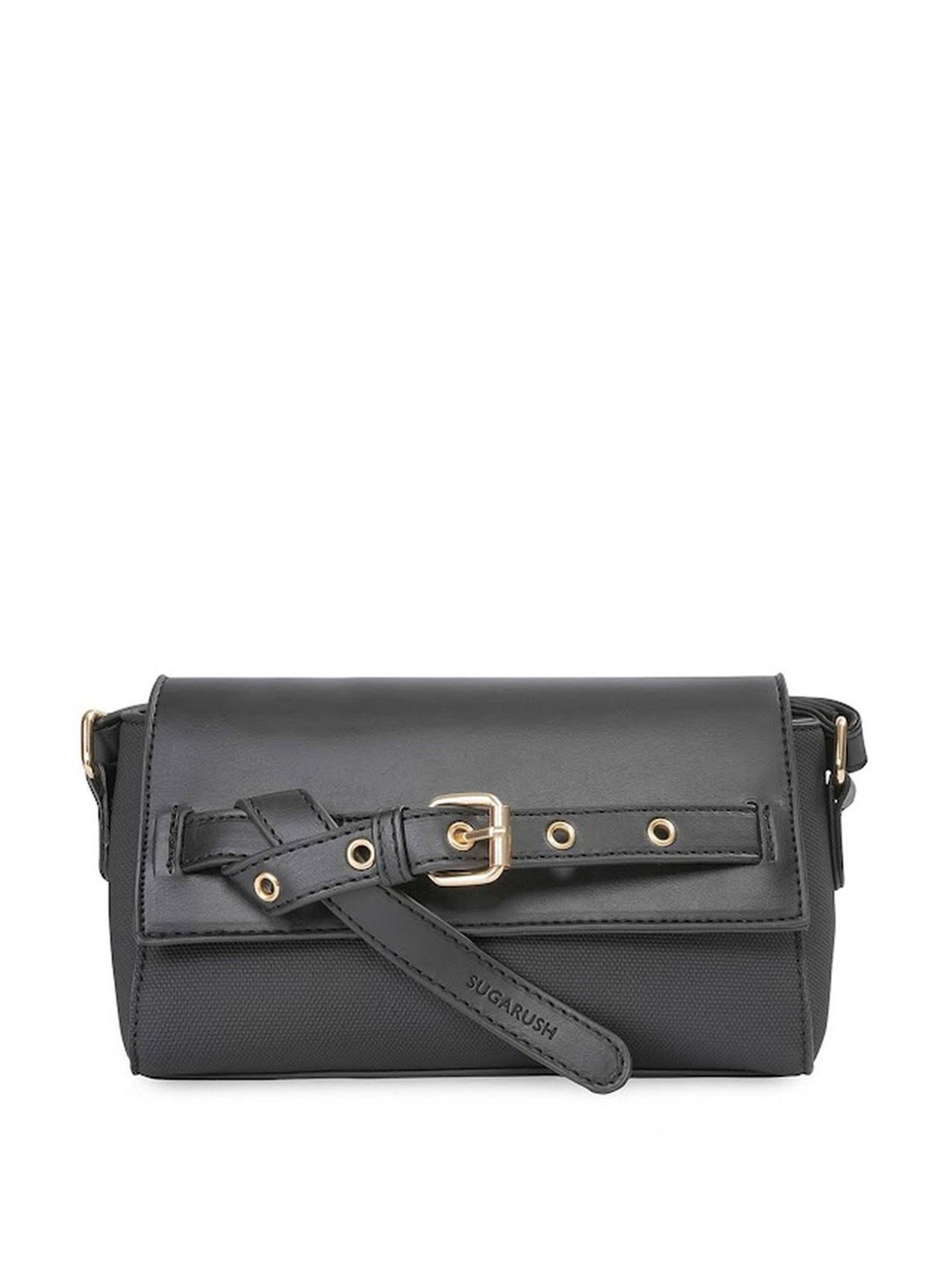 Sugarush Stellana Black PU Textured Sling Handbag