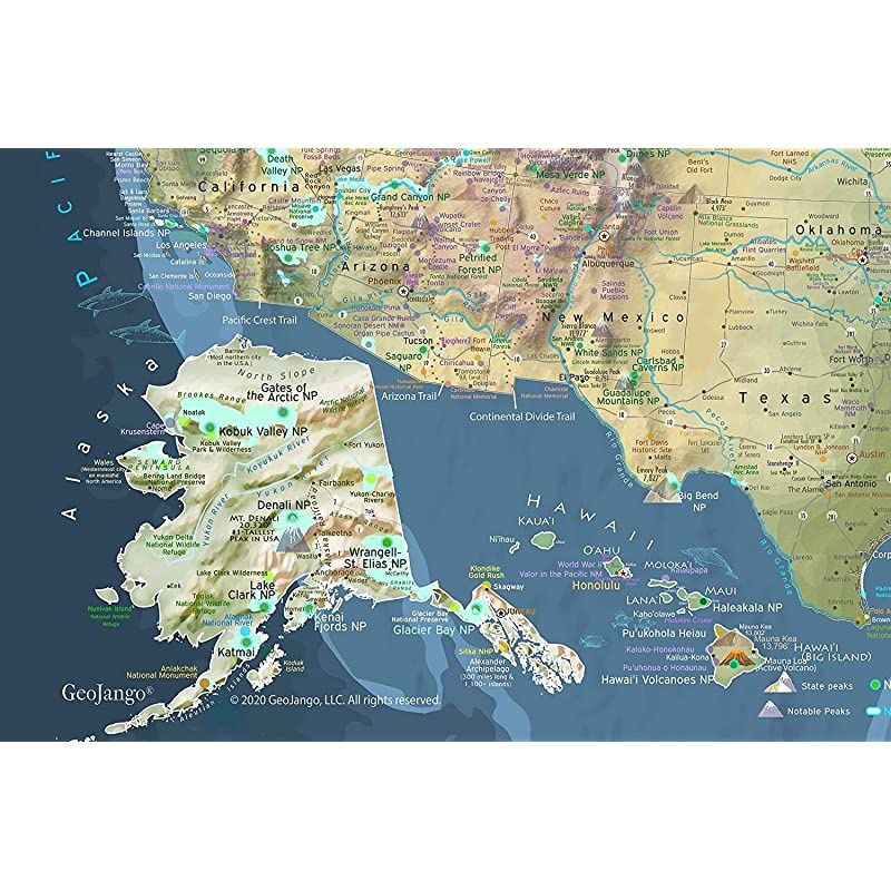 GEOJANGO National Parks Map Poster with All 600+ NPS Sites and USA Travel Destinations 24W x 16H inches