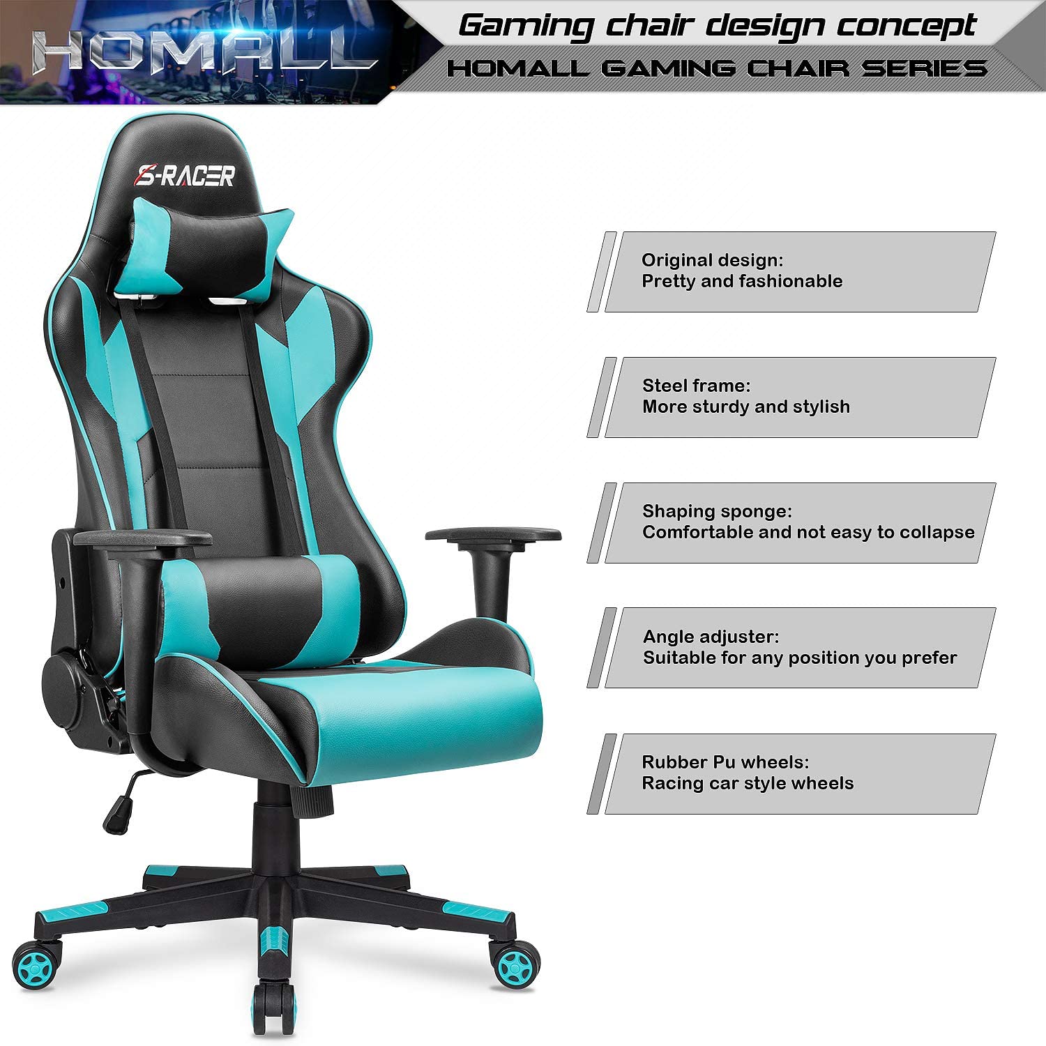 Homall Gaming Chair Office Chair High Back Computer Chair PU Leather Desk Chair Racing Executive Ergonomic Swivel Task Chair, Seat Height Adjustable, with Headrest and Lumbar Support (Blue)