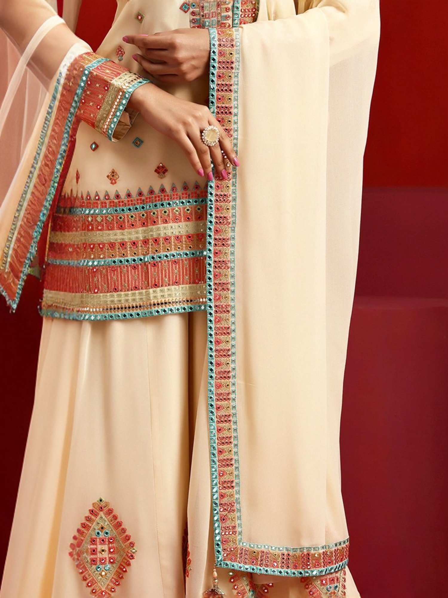 Libas Art Beige Embroidered Kurti Palazzo Set With Dupatta