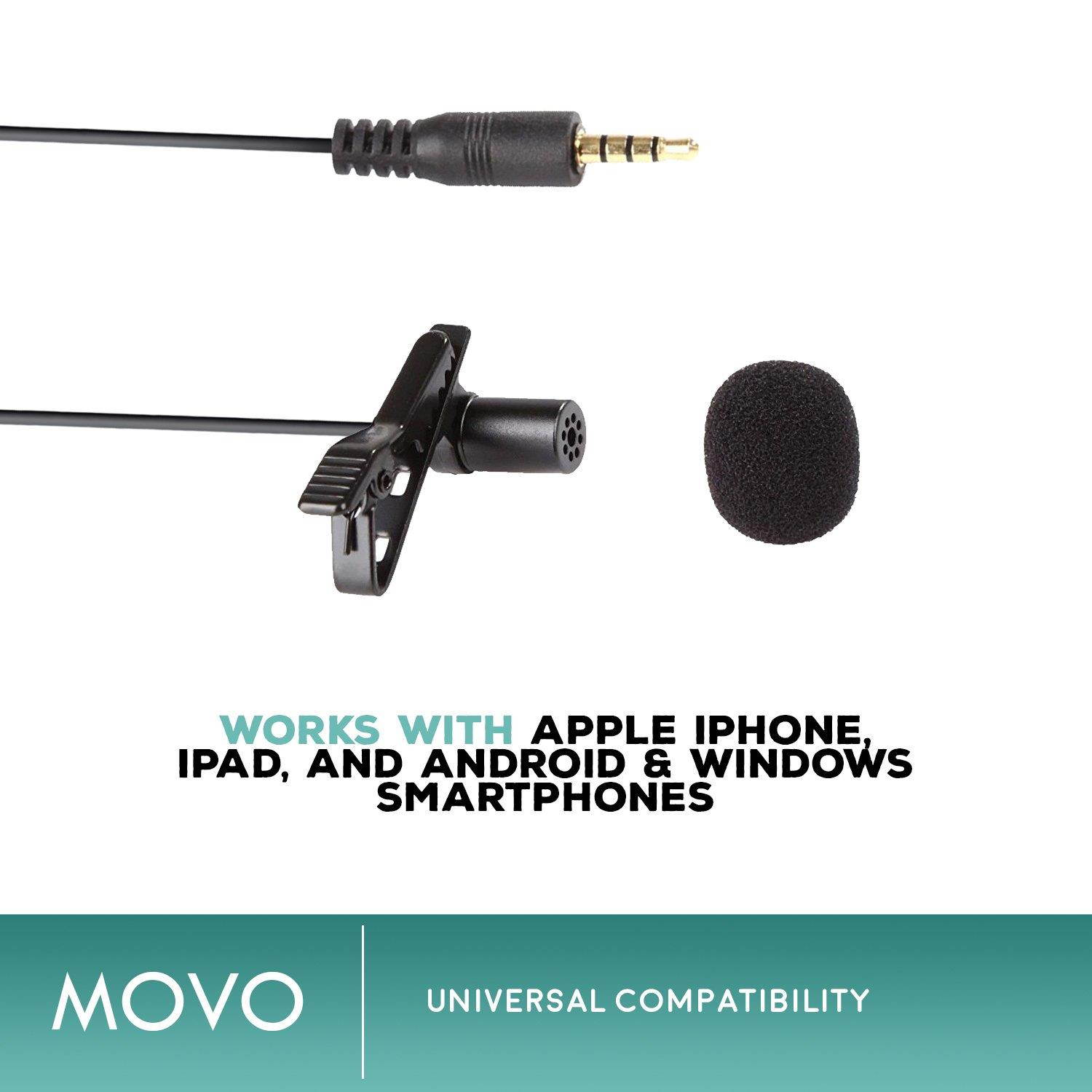 Movo PM10 Deluxe Lavalier Lapel Clip-on Omnidirectional Condenser Microphone for Apple iPhone, iPad, iPod Touch and Android Smartphones