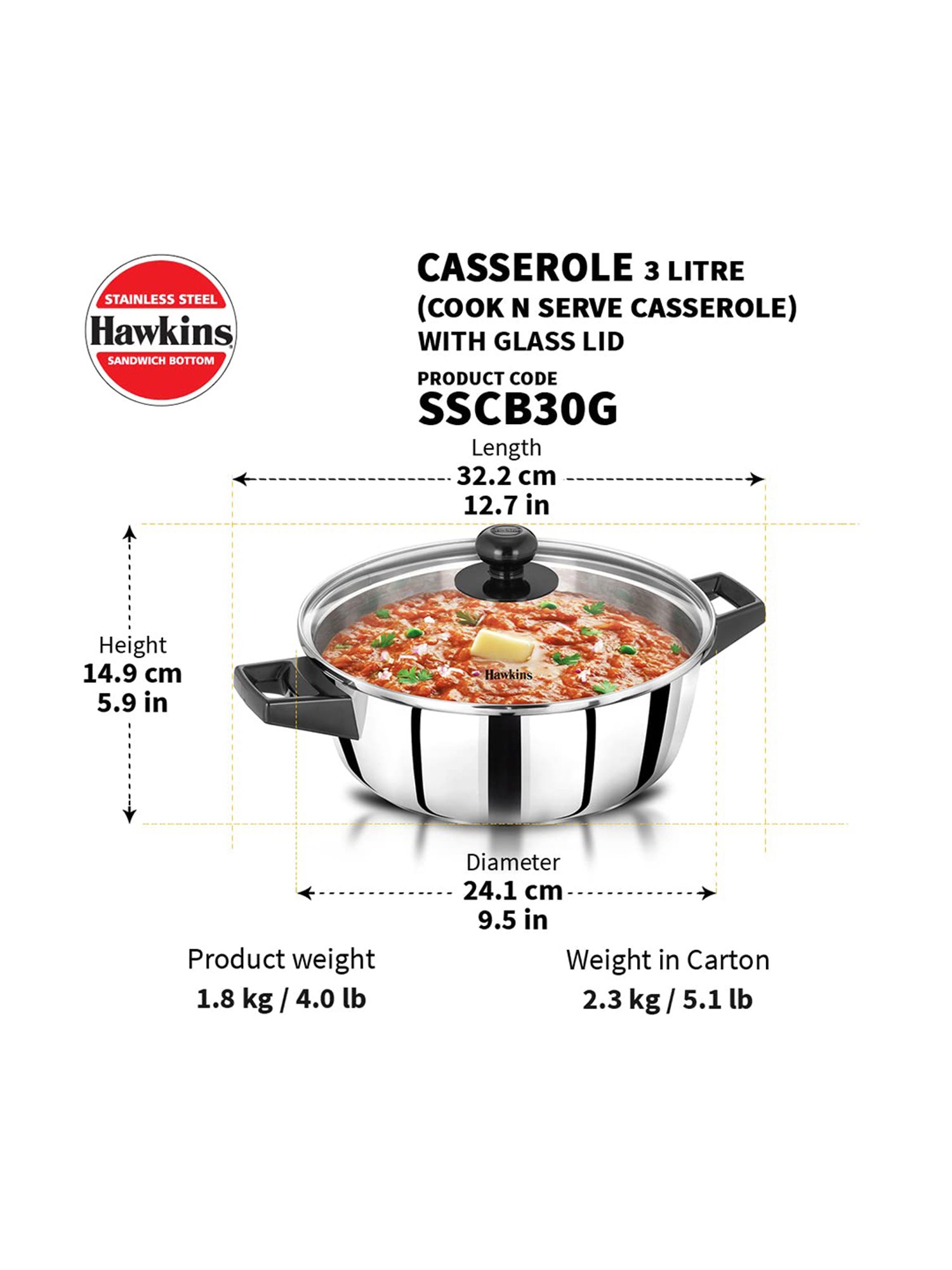 FnS Elantra Silver Stainless Steel Casserole With Lid (0.9 L)