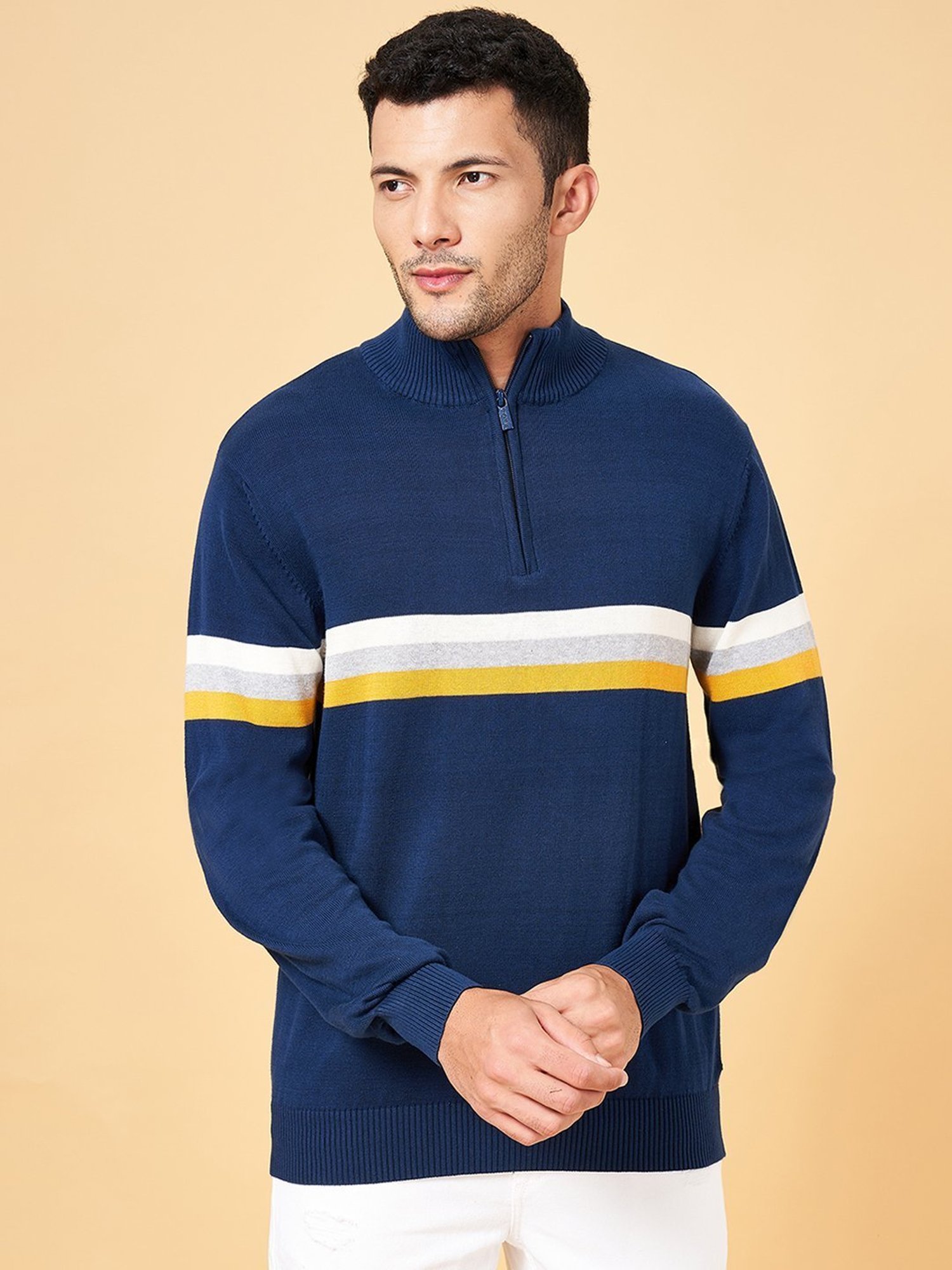 Byford by Pantaloons Blue Cotton Slim Fit Striped Sweater