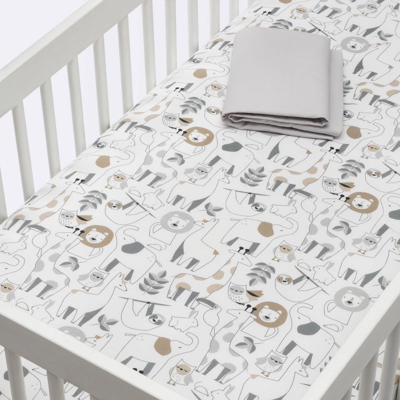 Crib Fitted Sheets Animals and Gray Solid - Cloud Island™ 2pk