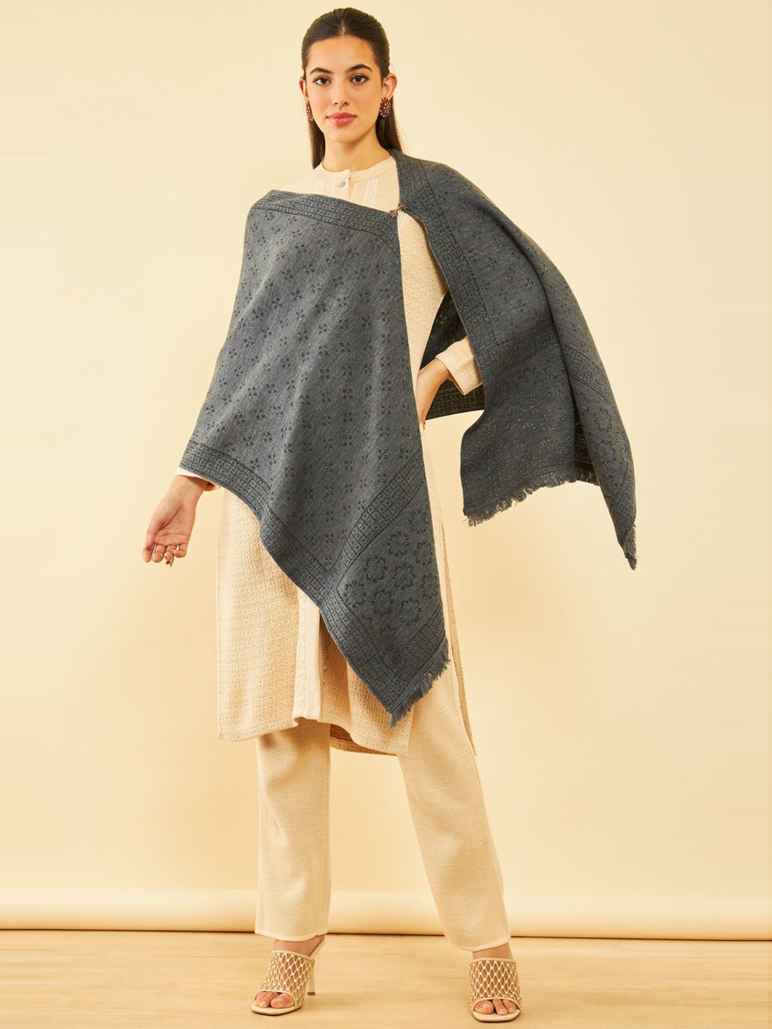 Soch Charcoal Grey Woven Pattern Shawl