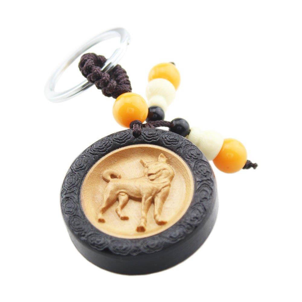 FOY-MALL Unisex Chinese Zodiac Dog Ebony Wood with Boxwood Inlay Key Chain M1084