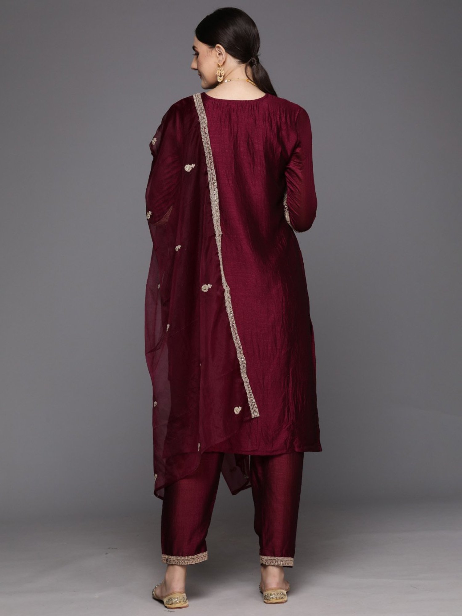 Indo Era Maroon Embroidered Kurta Pant Set With Dupatta