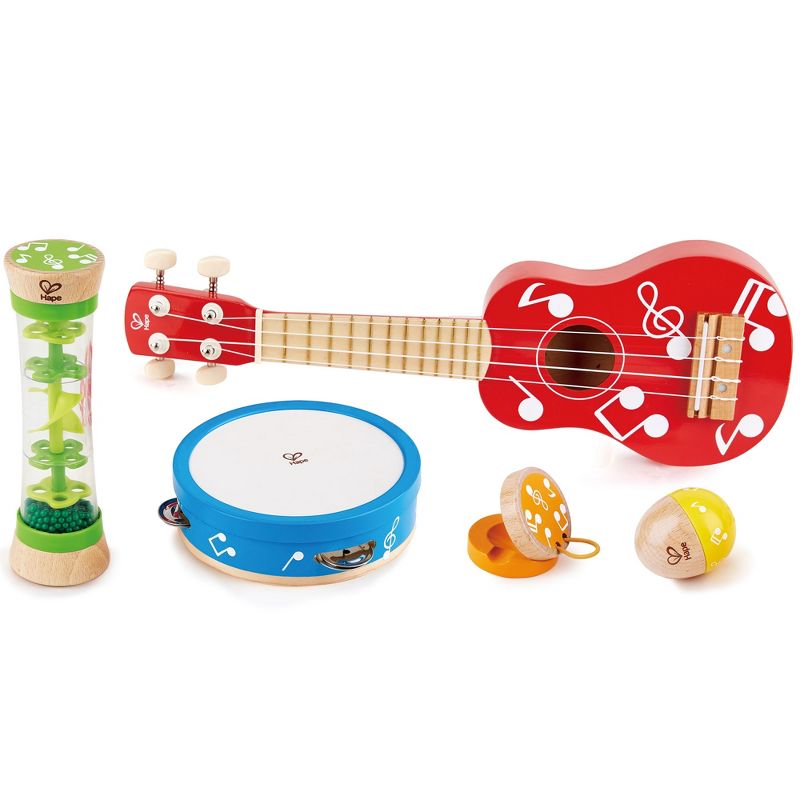 Hape E0339 Kids Toddler Preschool 5 Piece Wooden Musical Instrument Toy Mini Band Set with Ukulele, Tambourine, Clapper, Rattle, and Rain Stick
