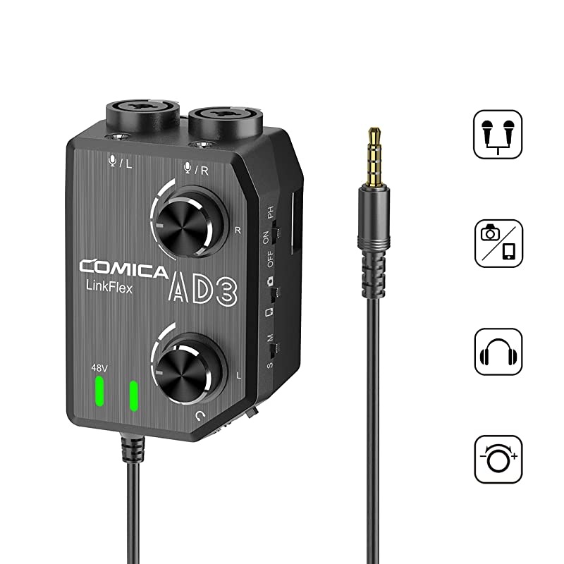 LINKFLEX.AD3 2-channel XLR/3.5mm Microphone Preamp Mixer with 48V Phantom Power, Real Time Monitor, Guitar Interface Preamp for DSLR Cameras, Camcorders, iPhone,iPad,Mac and Android Smartphones