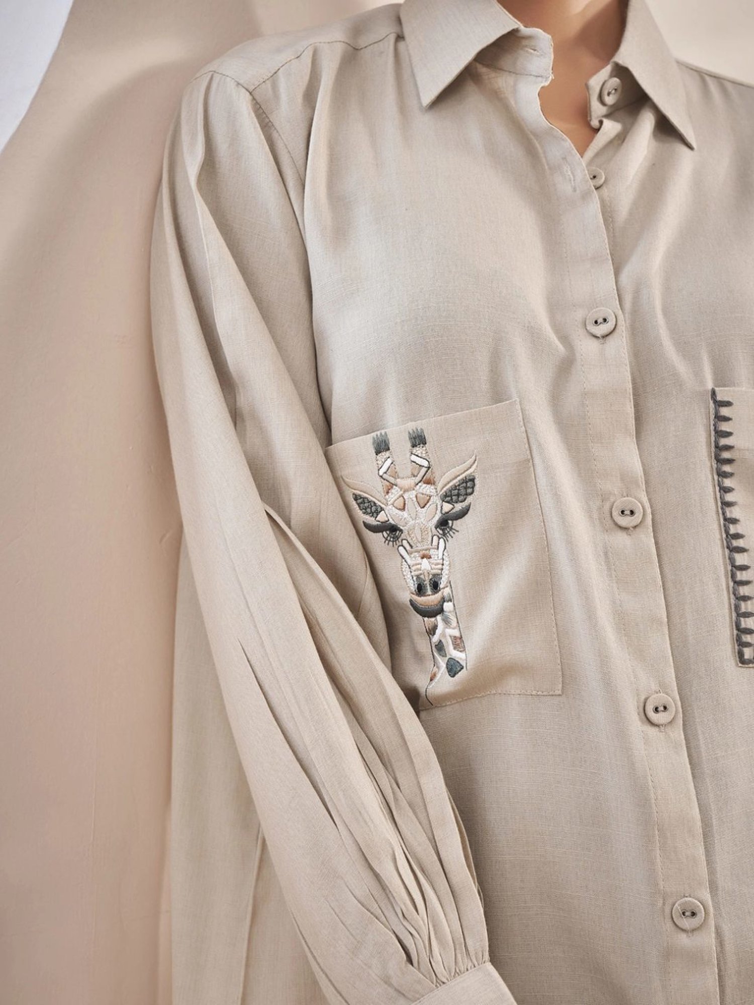 Kaftanize Beige Linen Shirt with Thread Work Embroidery