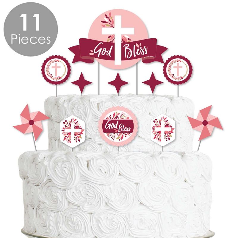 Big Dot of Happiness Pink Elegant Cross - Girl Religious Party Cake Decorating Kit - God Bless Cake Topper Set - 11 Pieces