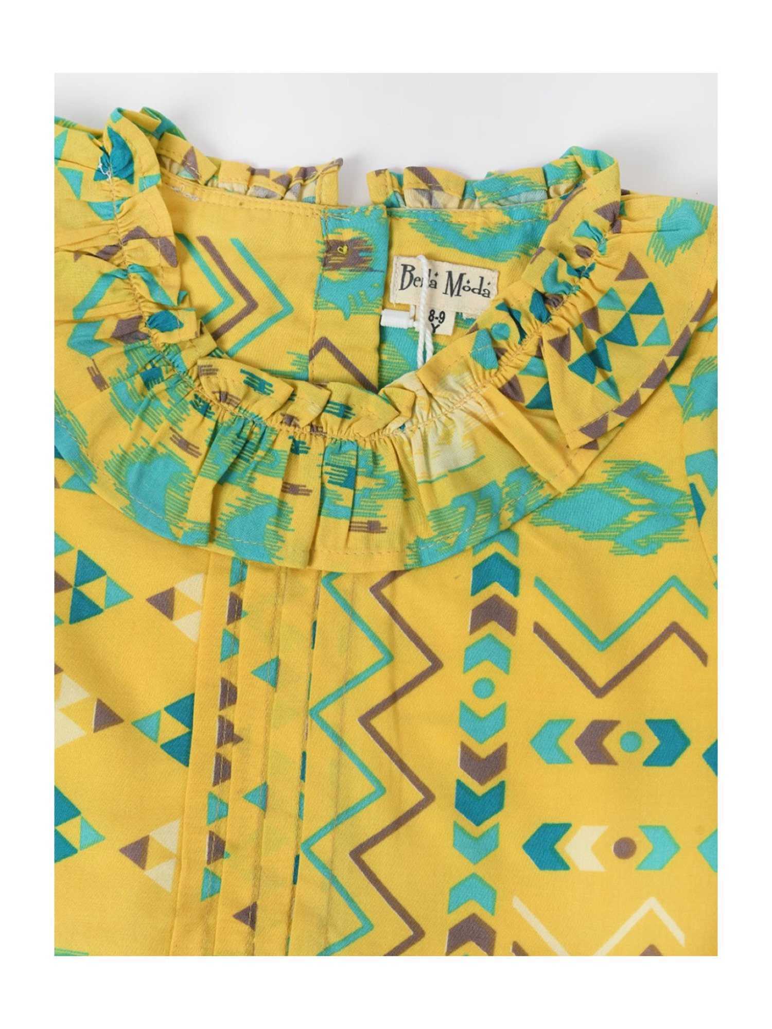 Bella Moda Kids Yellow & Blue Printed Full Sleeves Fit & Flare Dress