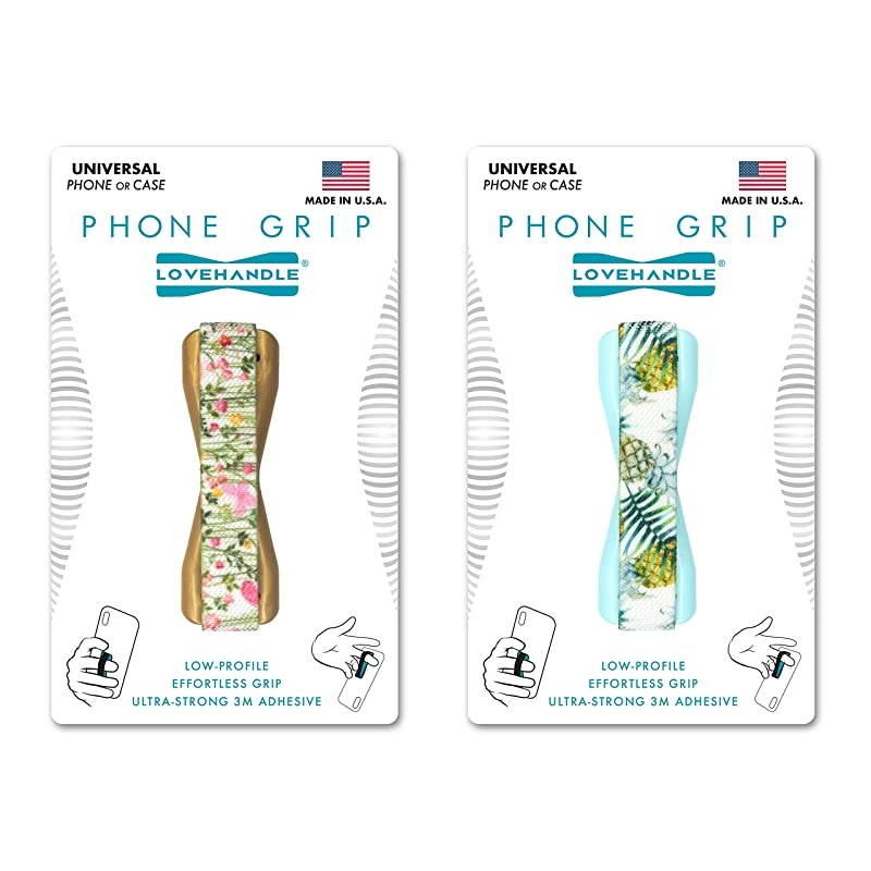 Universal Grip for Smartphone and Mini Tablet Pineapple Flower Field Design Elastic Strap with Gold and Light Blue Base Pack of 2