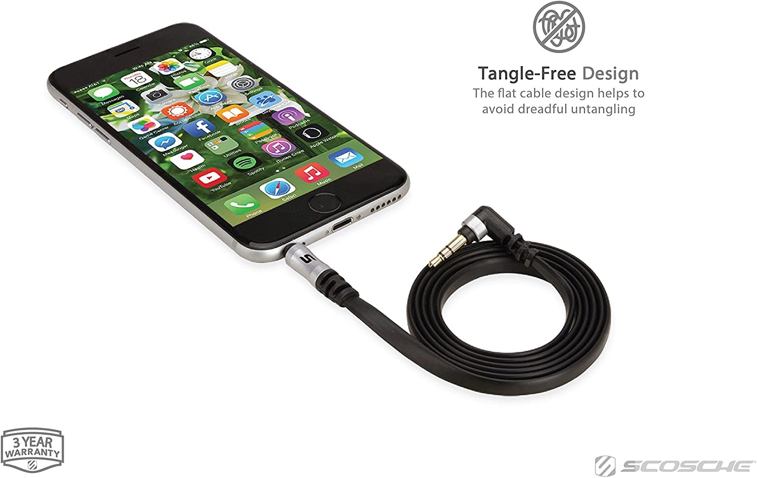 Scosche Aux 3 Feet Flatout 3.5MM Flat Auxiliary Audio Cable With 90 Degree Tip 3-FOOT In White/gold