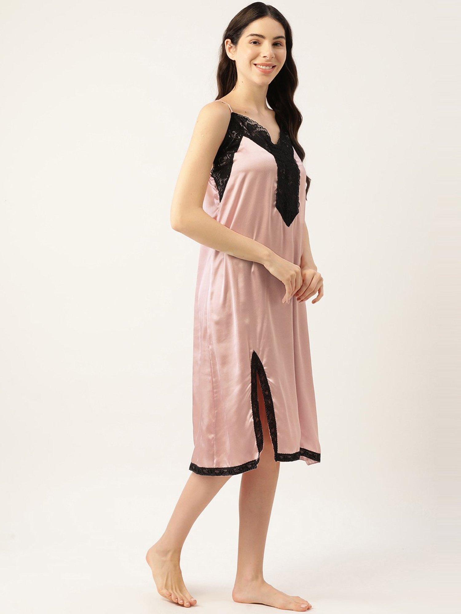 Ms.Lingies Peach Lace Work Nightwear With Robe