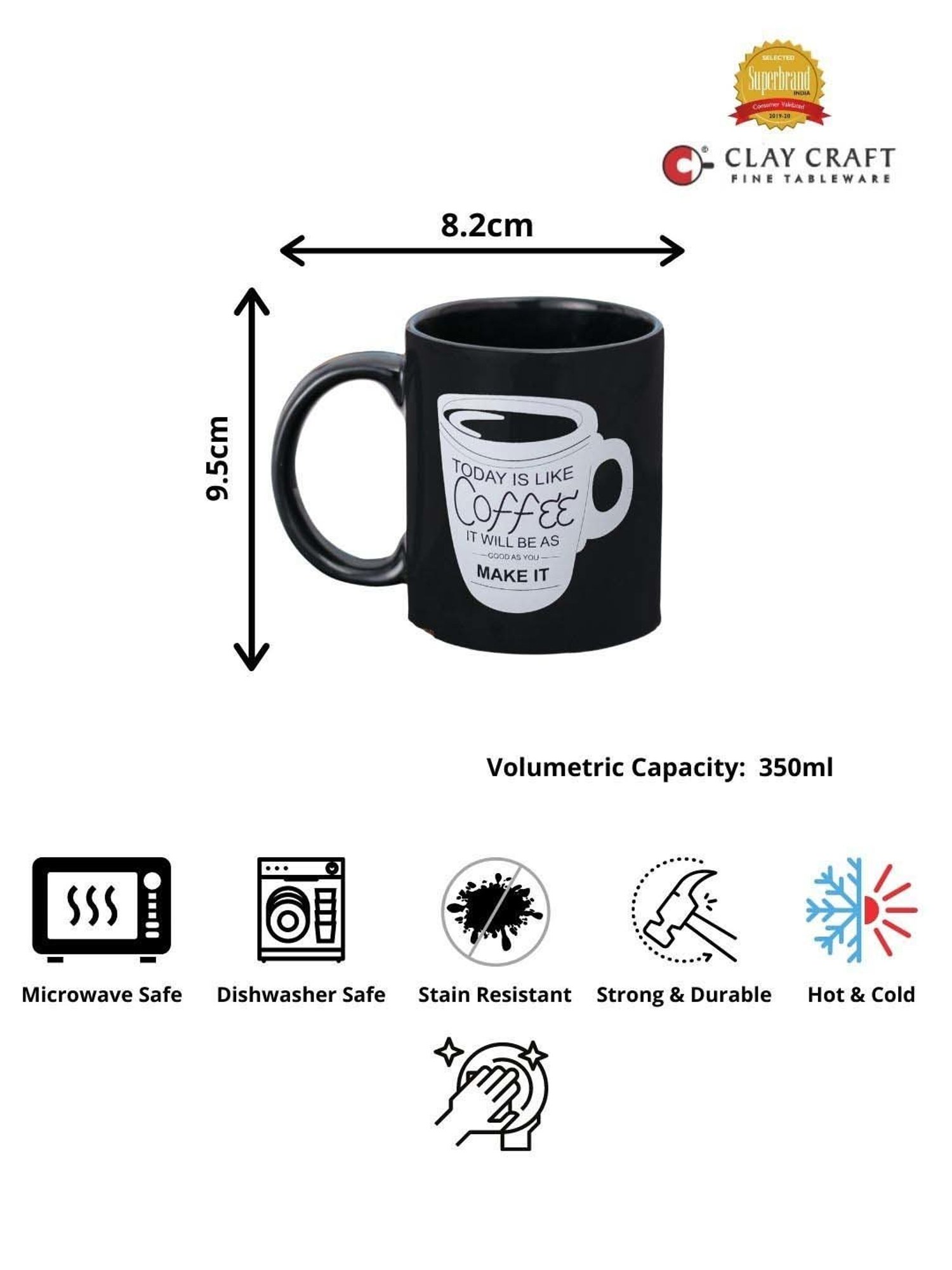 Clay Craft Black & White Ceramic 8 cm Milk Mug (0.35 L) - Set of 2