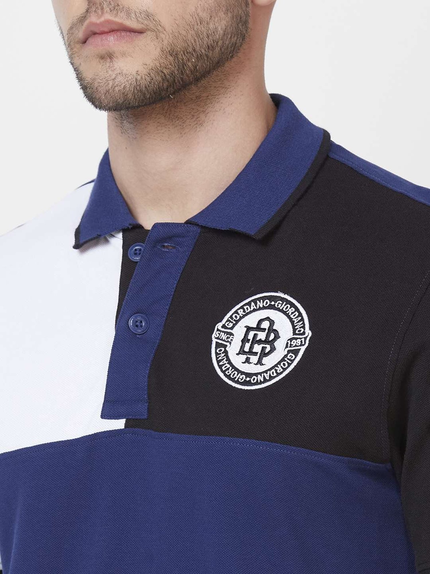 Giordano Navy Blue Cotton Slim Fit Colour Block Polo T-Shirt