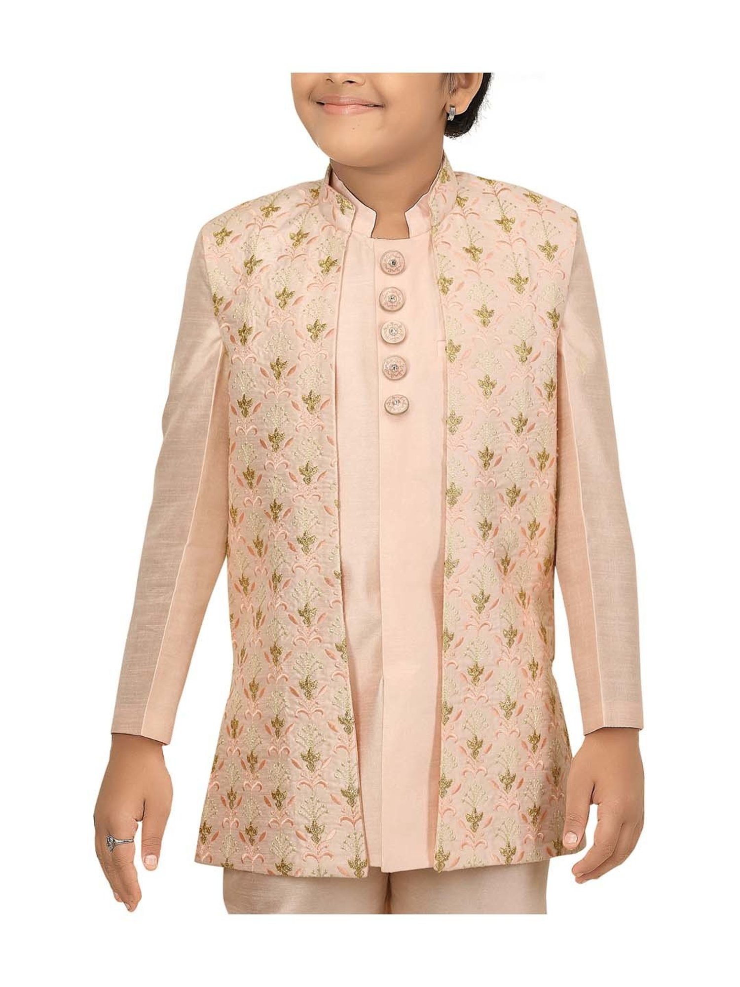 Ahhaaaa Kids Beige Cotton Embroidered Full Sleeves Kurta Set