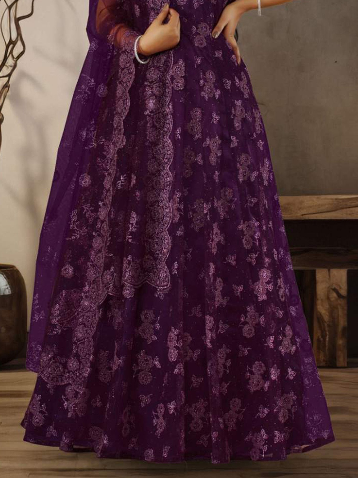 Odette Purple Embroidered Maxi Dress With Dupatta