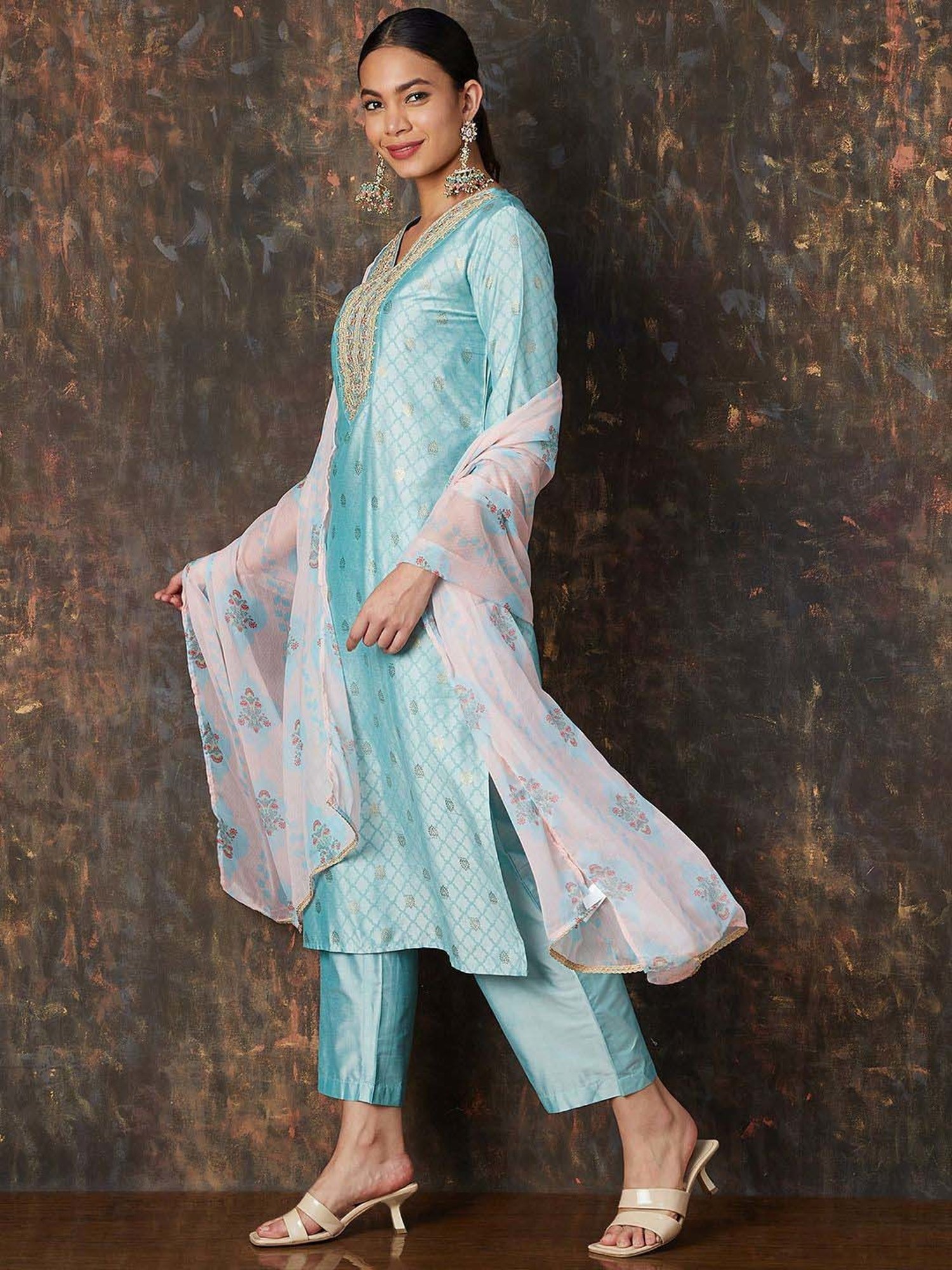 Melange by Lifestyle Blue Embroidered Kurta Pant Set With Dupatta