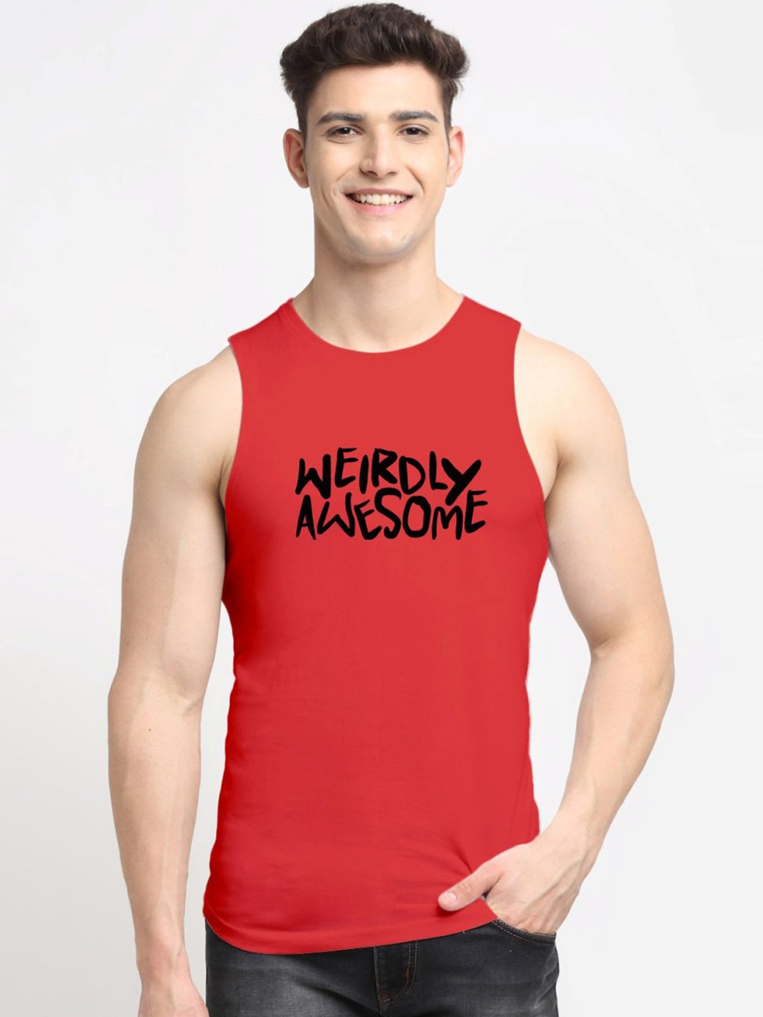 Friskers Red Cotton Slim Fit Printed Vest