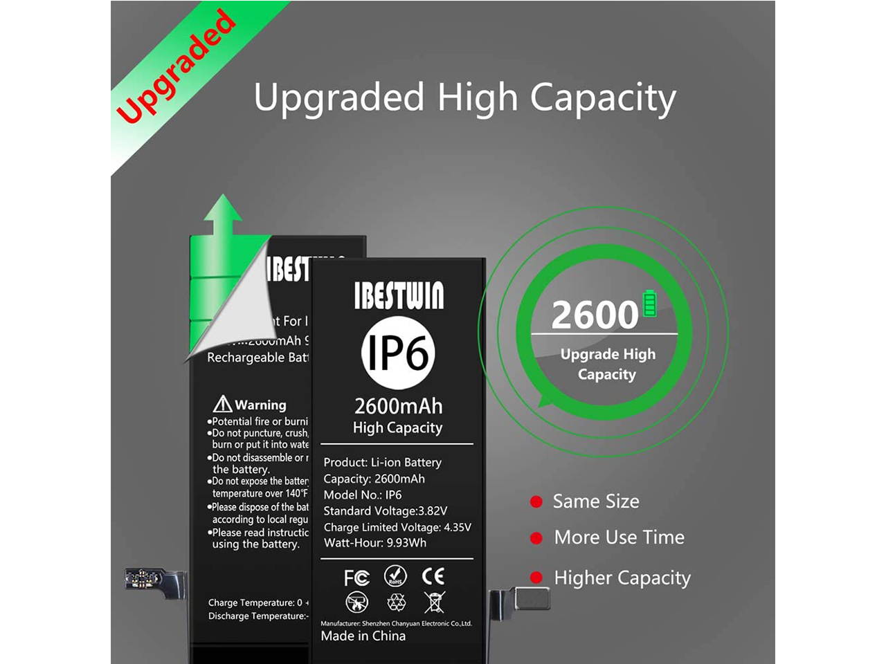 IBESTWIN 2600mAh Upgraded Replacement Battery for iPhone 6 with Removal Tool Kits and Instruction, High Capacity Battery 0 Cycle