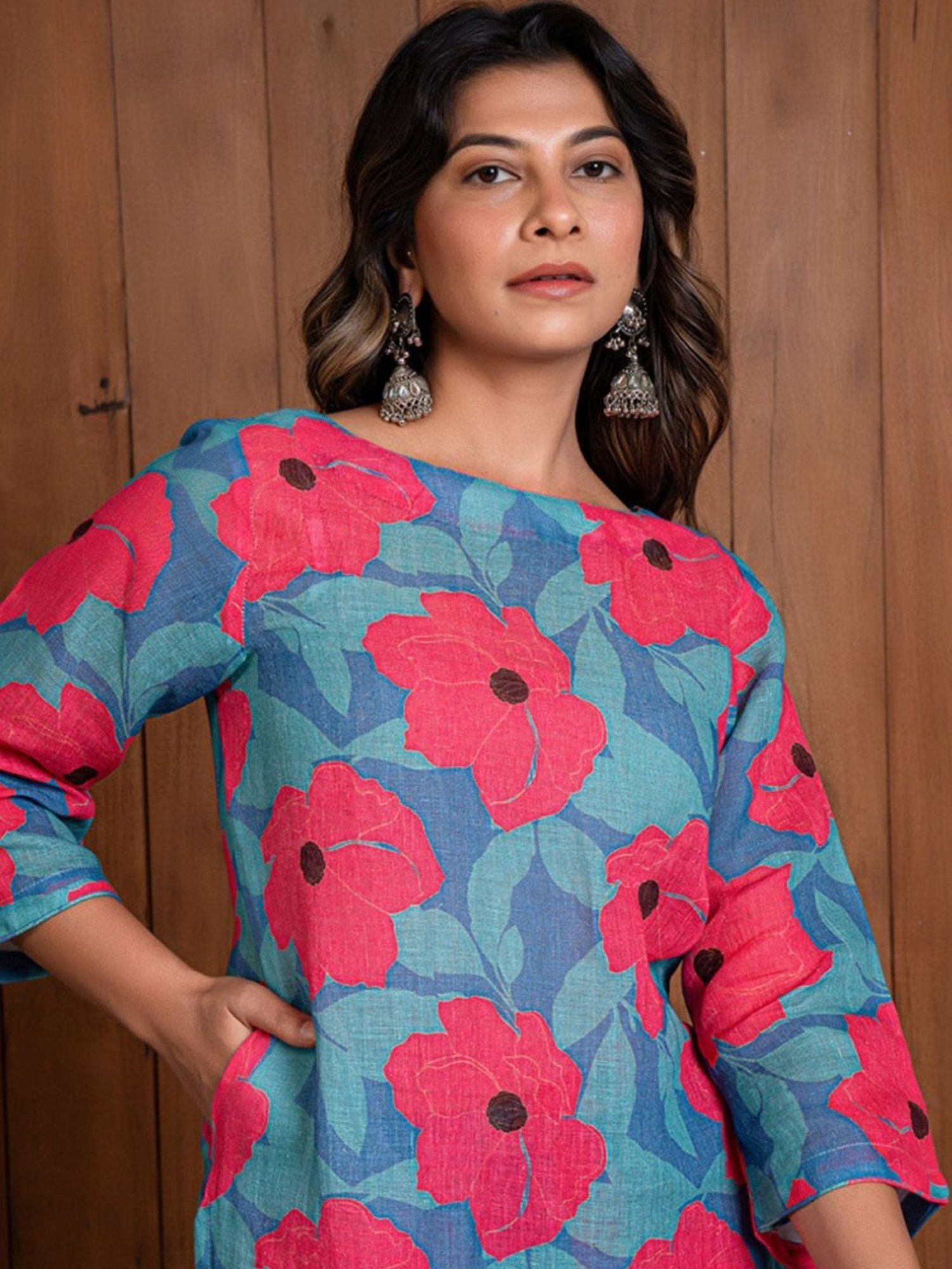 Eeshva India Blue Garden Of Dreams Pure Linen Kurta