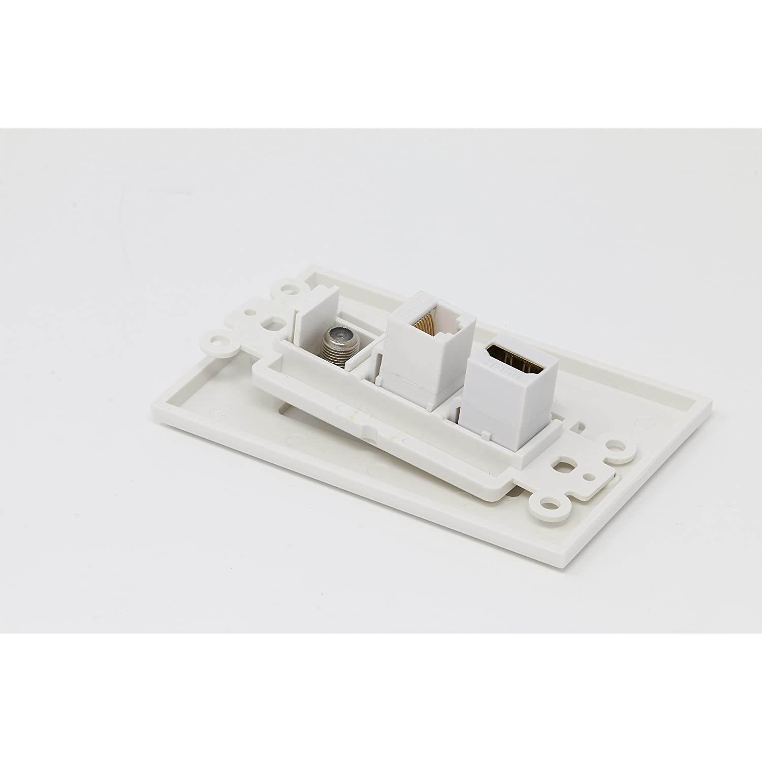 RiteAV Decorative 1 Gang Wall Plate (White/White) 3 Port - Coax (White) Cat6 (White) HDMI (White)