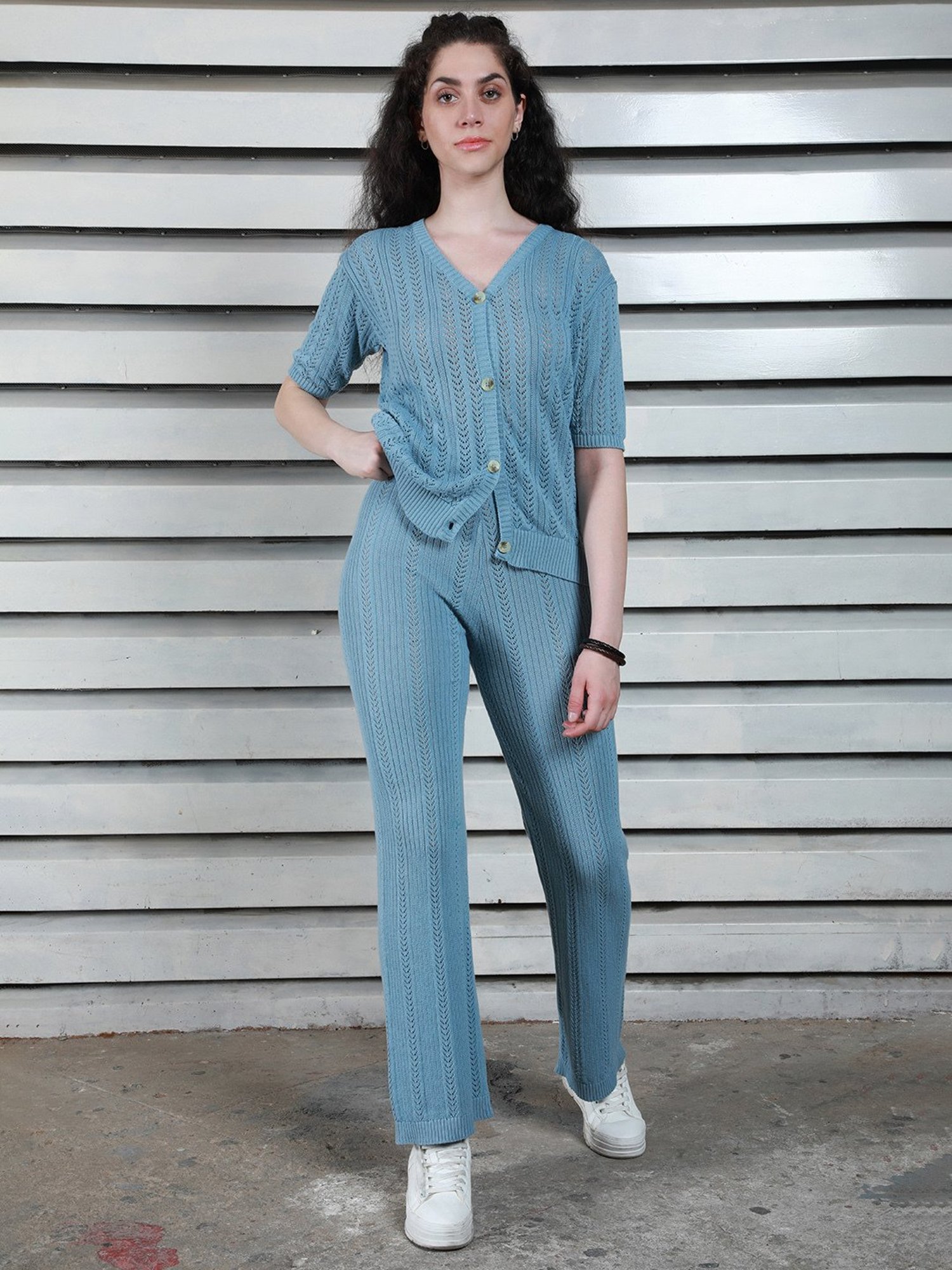 High Star Blue Cotton Self Design Top With Pants