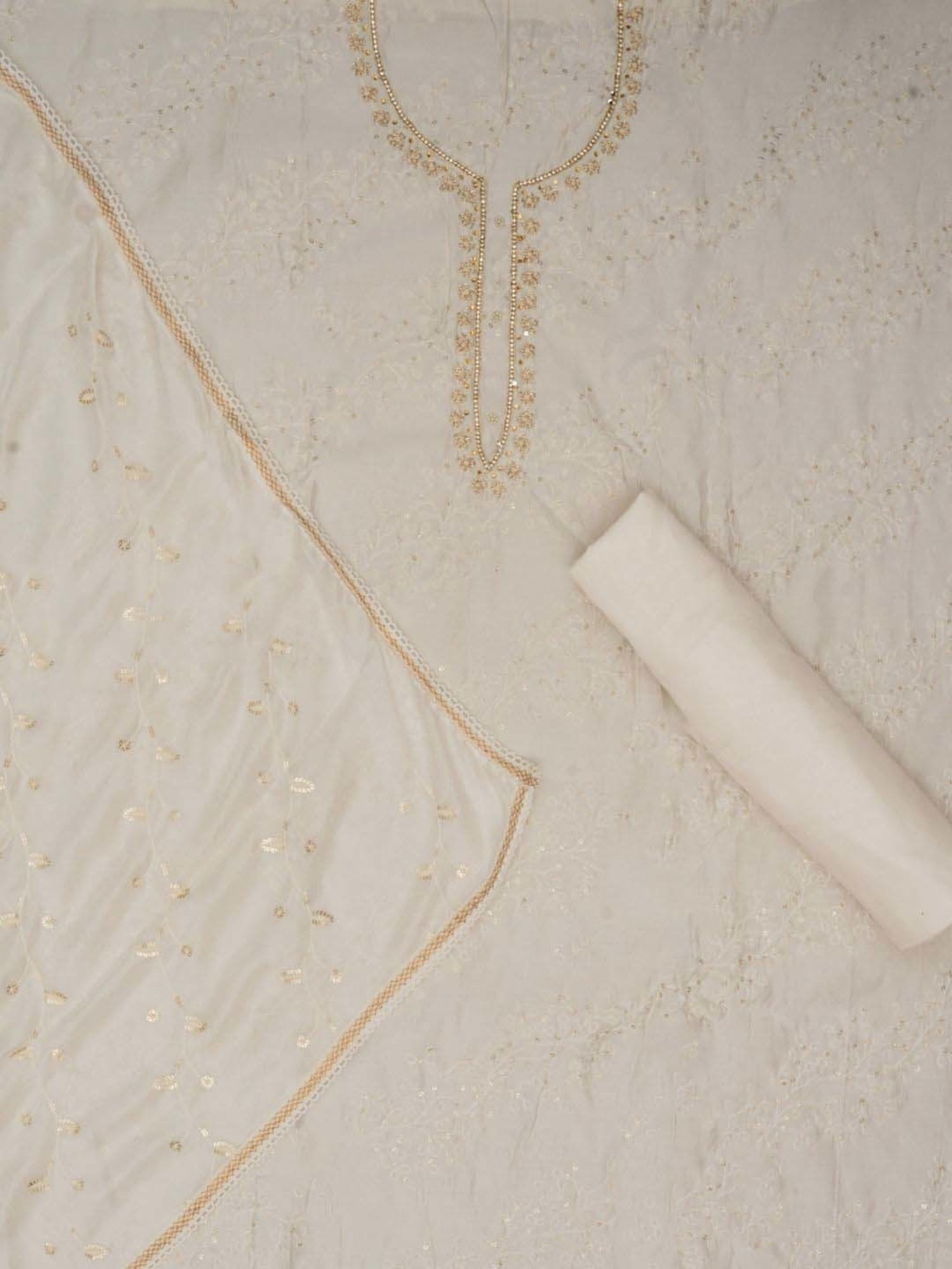 Jaipur Kurti White Cotton Embroidered Unstitched Dress Material