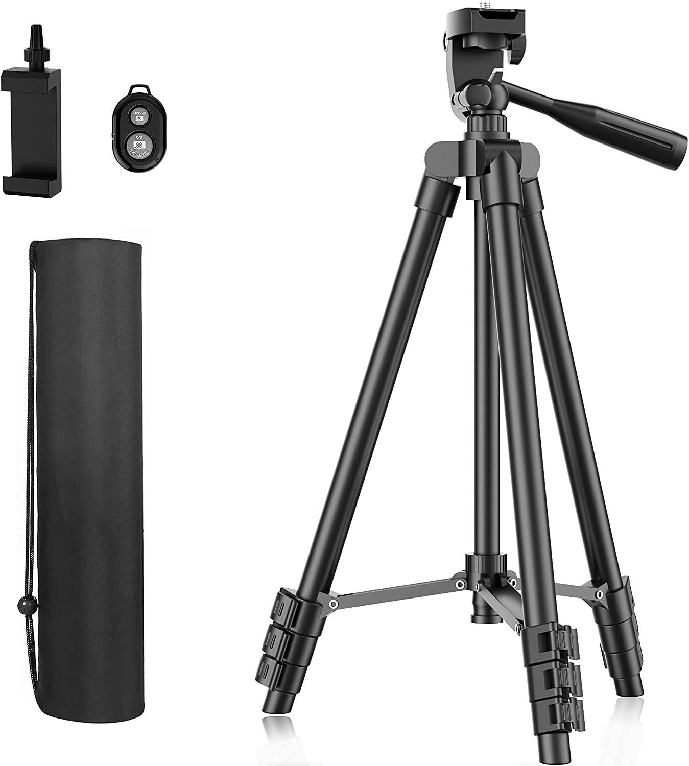 Phone Tripod, 51" Extendable Travel Lightweight Tripod Stand with Carrying Bag, Universal Tripod with Bluetooth Remote, Cell Phone Mount for iPhone Xs/Xs Max/Xr/X/8/8 Plus/Samsung/Android Phone,Camera