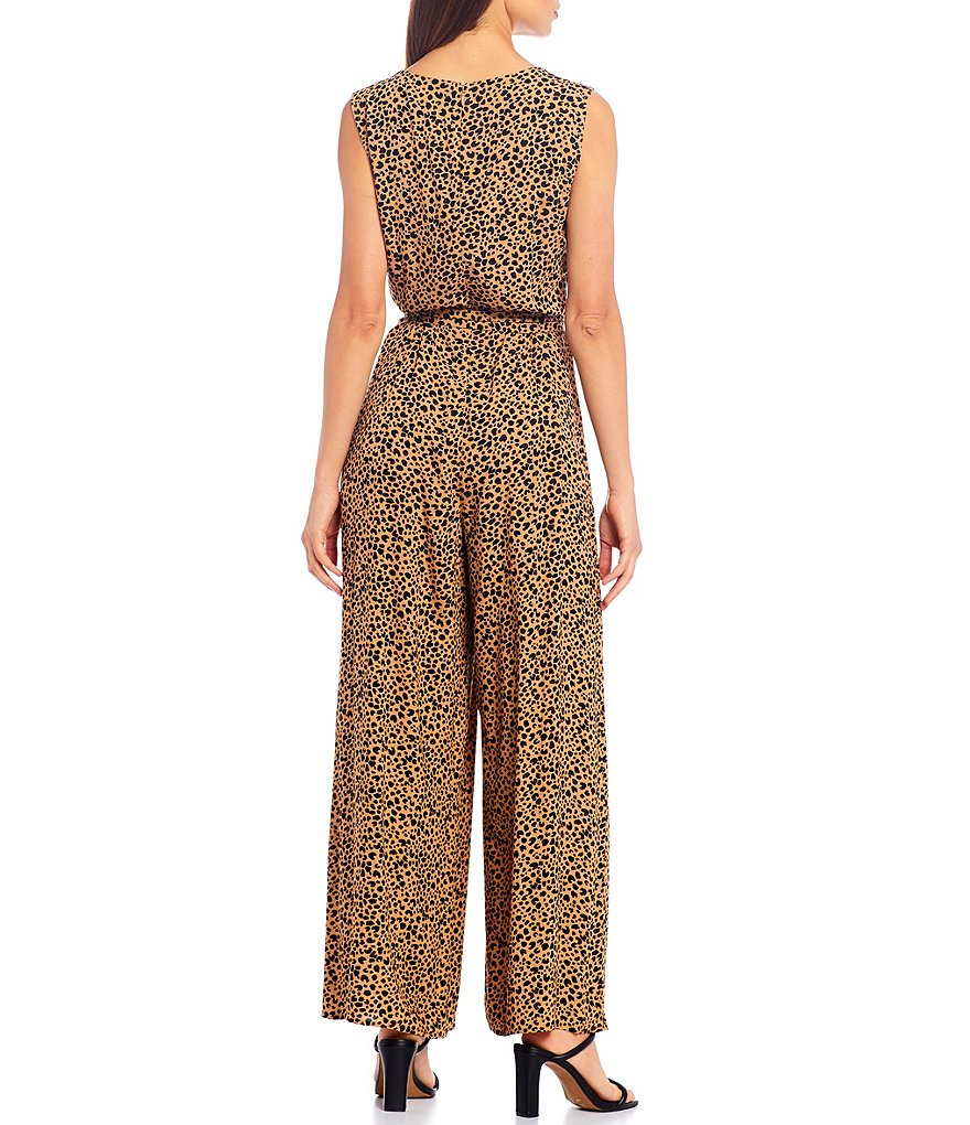 Skies Are Blue Leopard Print Belted Wide Leg Sleeveless Jumpsuit