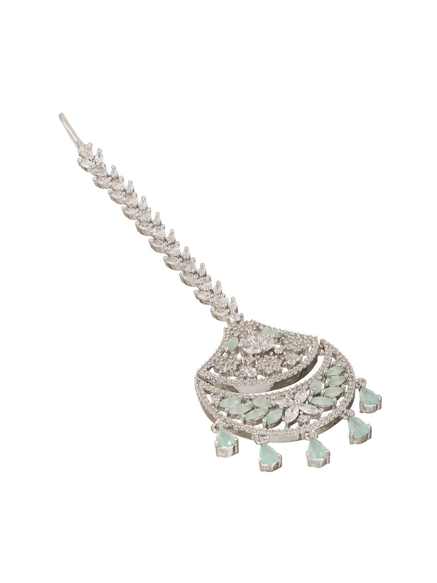 Priyaasi Mint Green Floral American Diamond Silver-Plated Maangtikka
