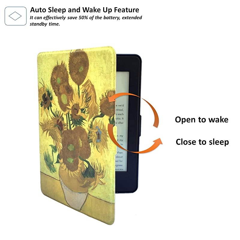Paperwhite Case - Paperwhite 1/2 / 3 Generation - Auto Wake/Sleep, Shockproof, Lightest Leather (fits Paperwhite 2012, 2013, 2015 Version) (6 inch, Sunflowers)