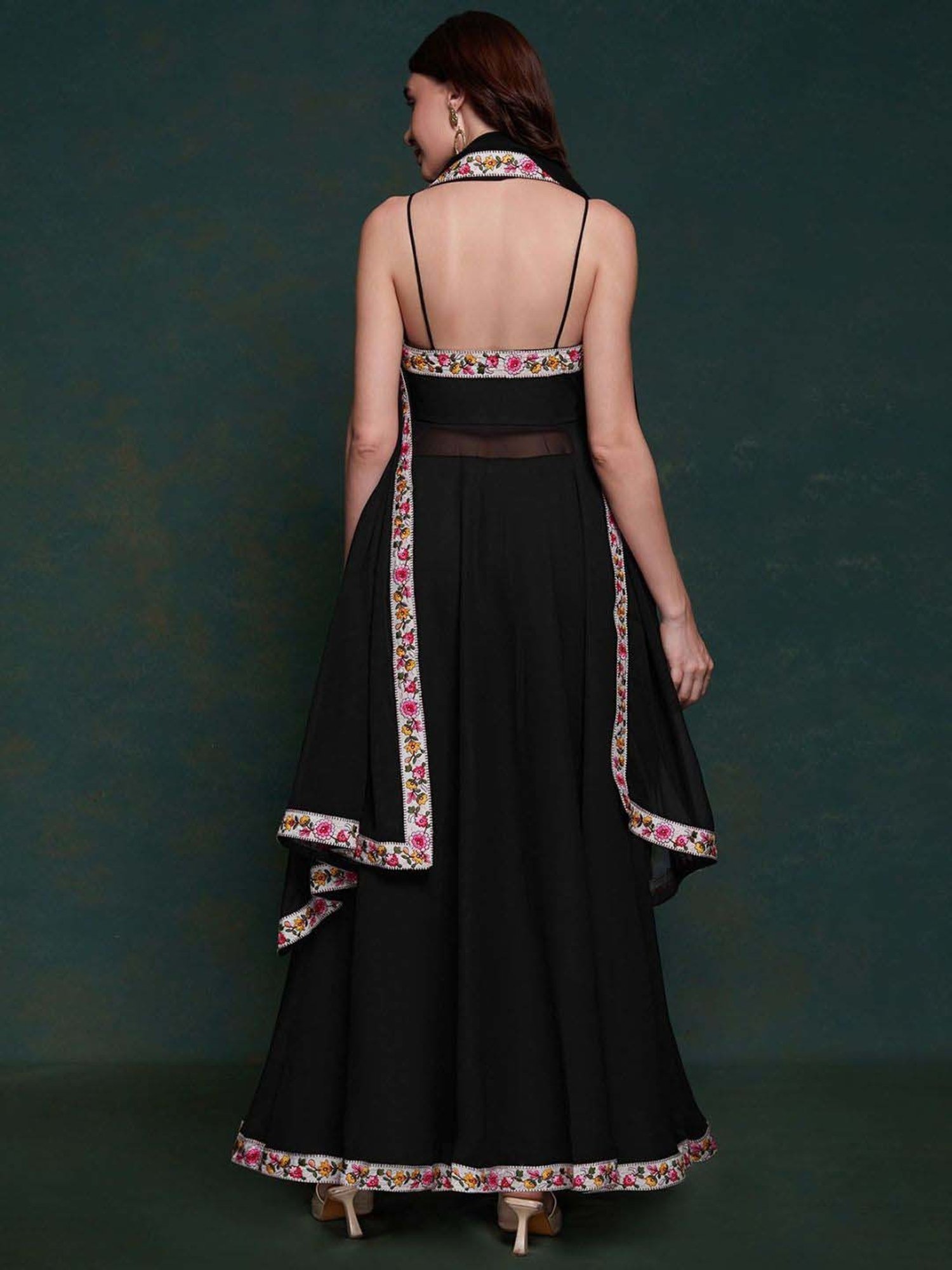 Odette Black Floral Print Kurta & Pant Set with Dupatta