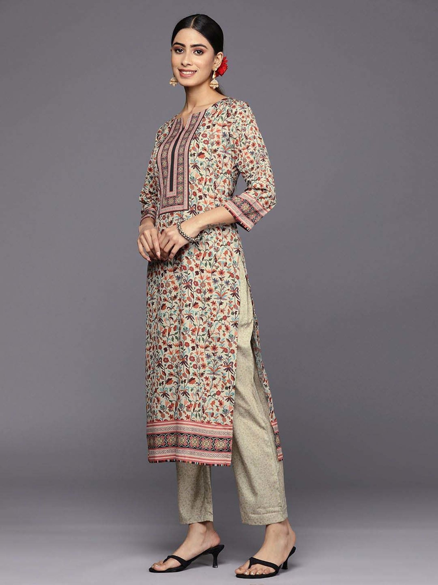 Libas Beige Woven Pattern Kurta Pant Set With Dupatta