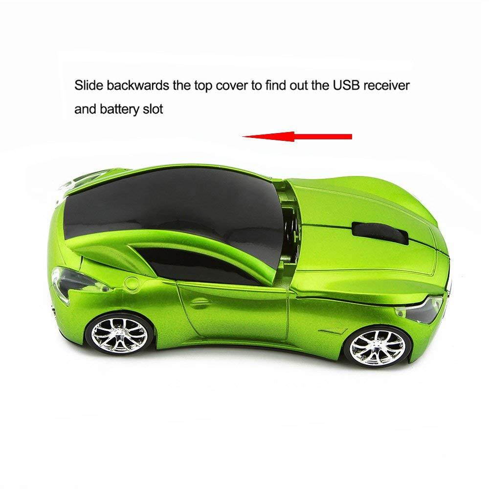 Usbkingdom Cool Sport Car Shape 2.4GHz Wireless Mouse Optical Cordless Mice with USB Receiver for PC Laptop Computer 1600DPI 3 Buttons Green
