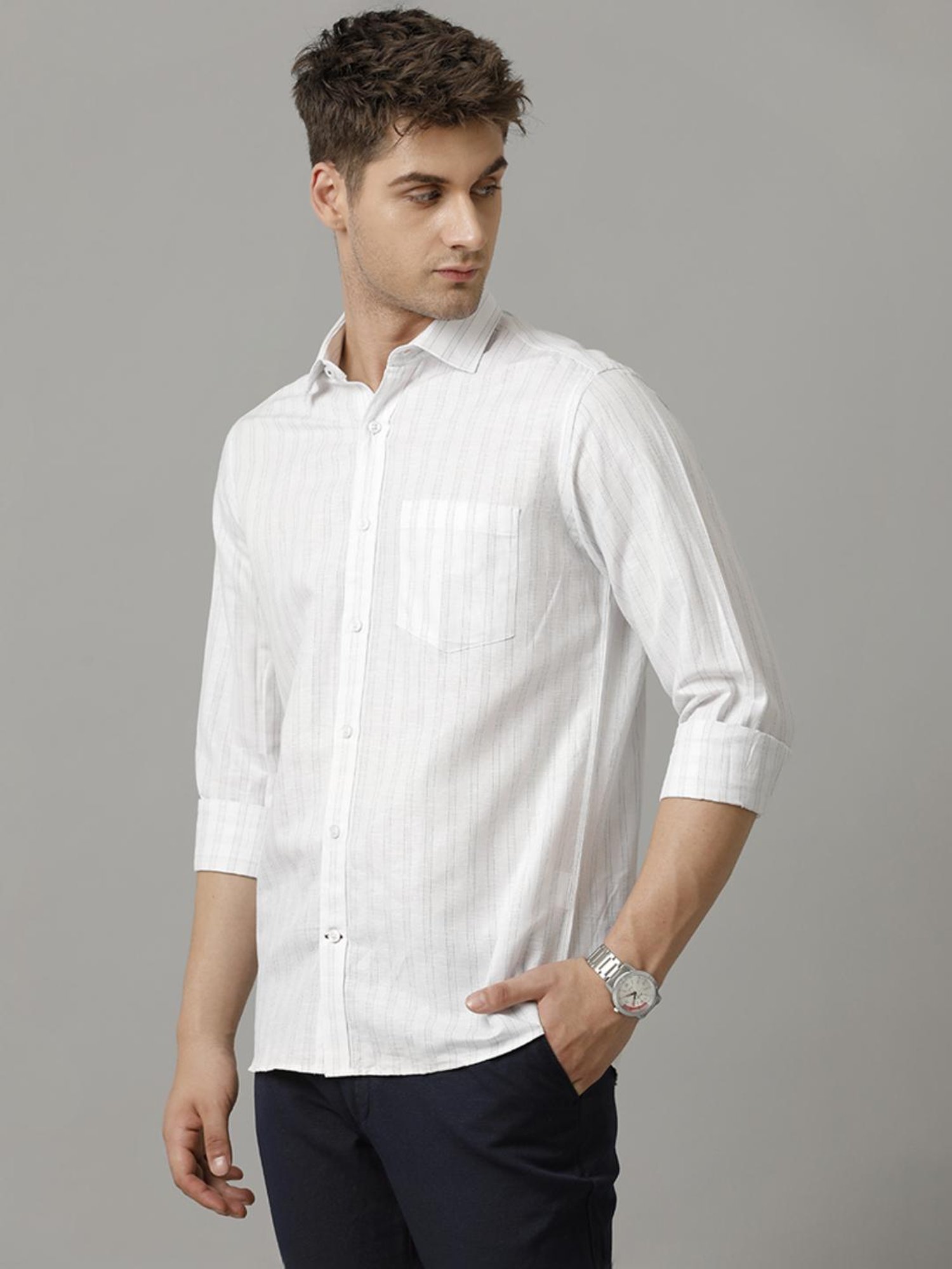 Linen Club Blue Linen Contemporary Fit Striped Shirt